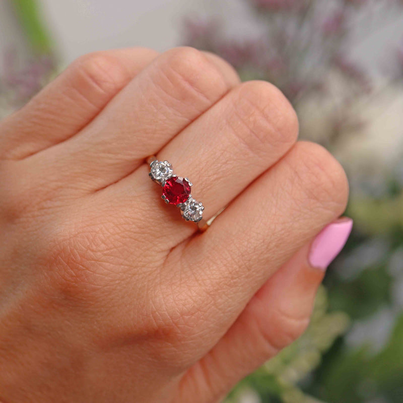 Ellibelle Jewellery Vintage Ruby & Diamond 18ct Gold Platinum Three-Stone Engagement Ring