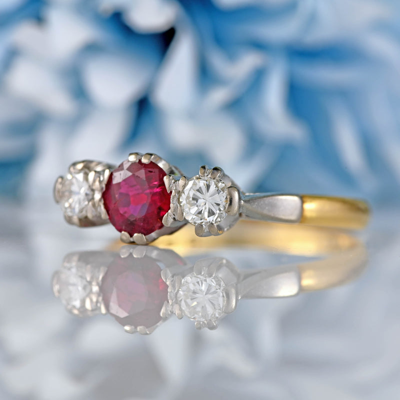 Ellibelle Jewellery Vintage Ruby & Diamond 18ct Gold Platinum Three-Stone Engagement Ring
