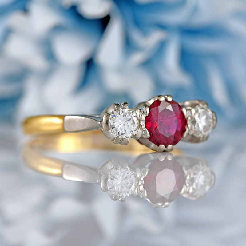 Ellibelle Jewellery Vintage Ruby & Diamond 18ct Gold Platinum Three-Stone Engagement Ring