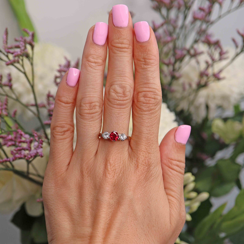 Ellibelle Jewellery Vintage Ruby & Diamond 18ct Gold Platinum Three-Stone Engagement Ring