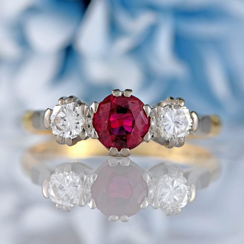 Ellibelle Jewellery Vintage Ruby & Diamond 18ct Gold Platinum Three-Stone Engagement Ring
