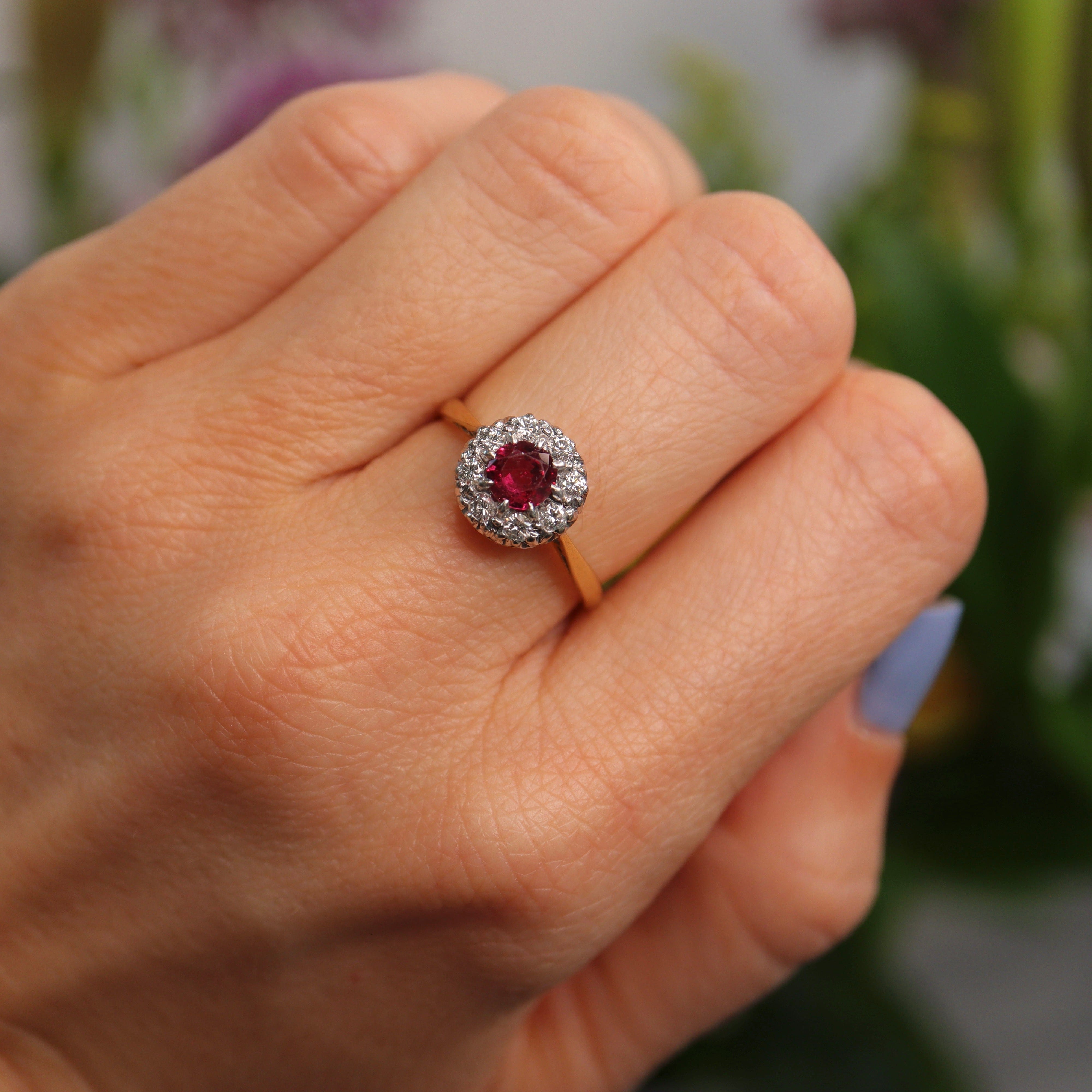 Ellibelle Jewellery Vintage Ruby & Diamond 18ct Gold Round Cluster Ring