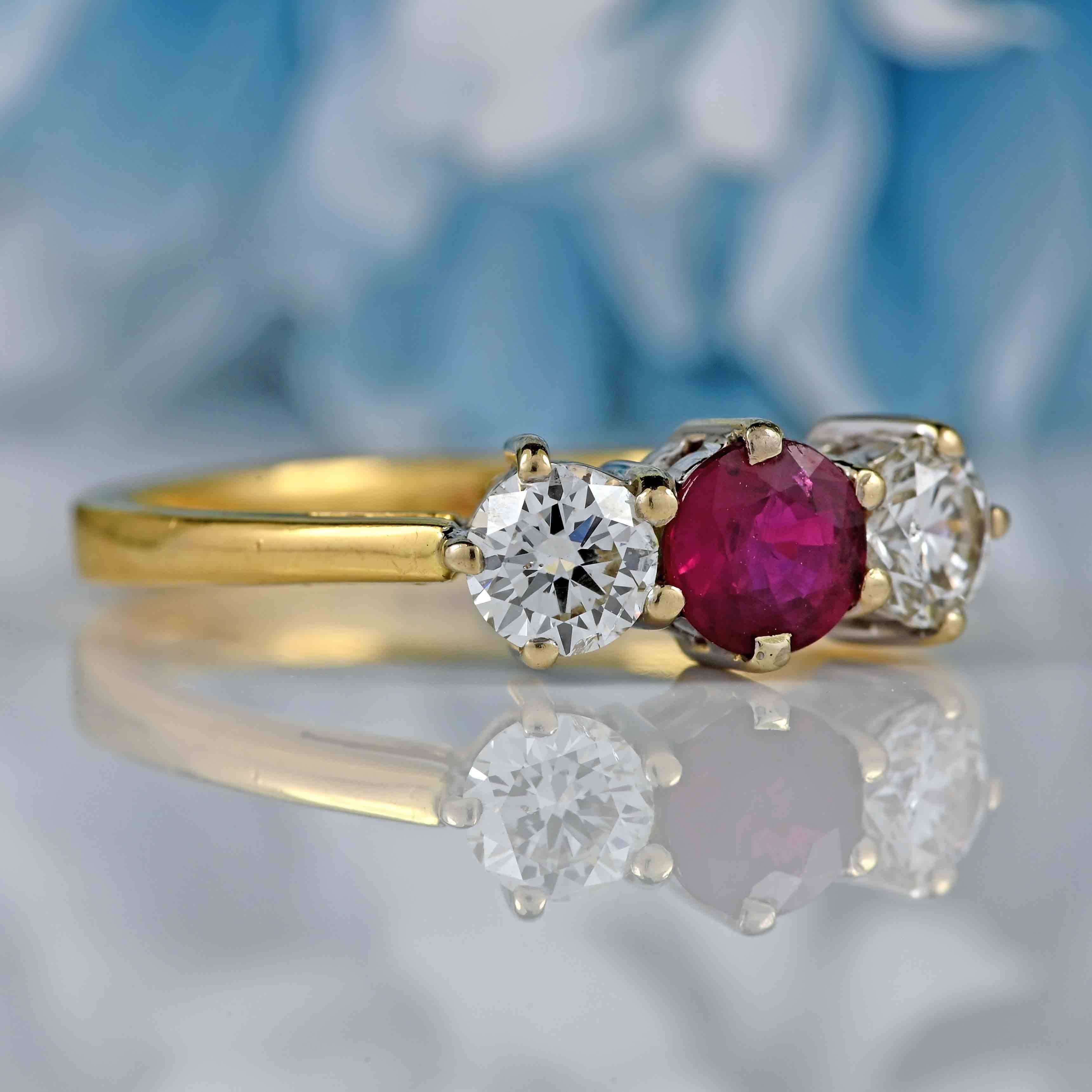 Ellibelle Jewellery Vintage Ruby & Diamond 18ct Gold Three-Stone Trilogy Engagement Ring