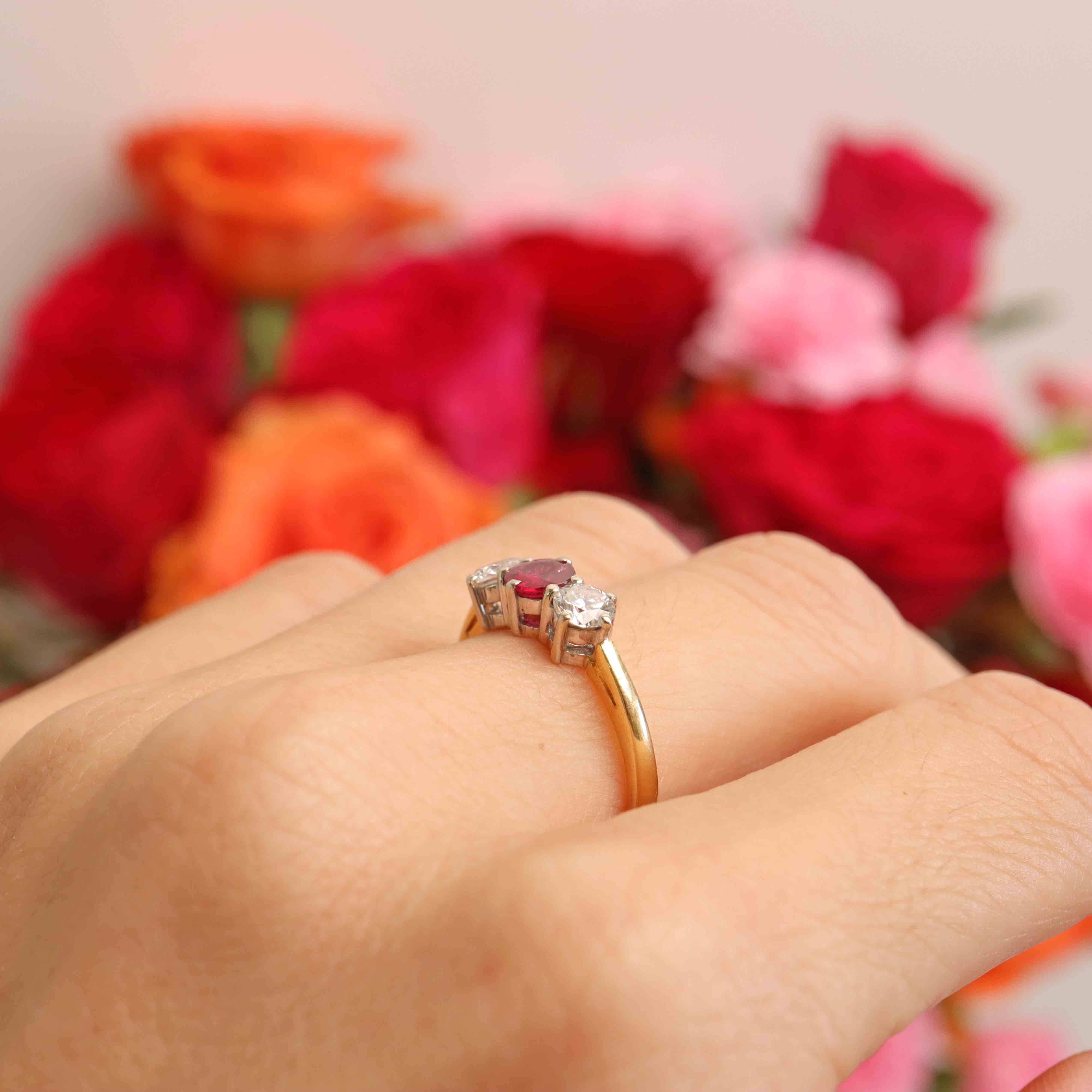 Ellibelle Jewellery Vintage Ruby & Diamond 18ct Gold Three-Stone Trilogy Engagement Ring