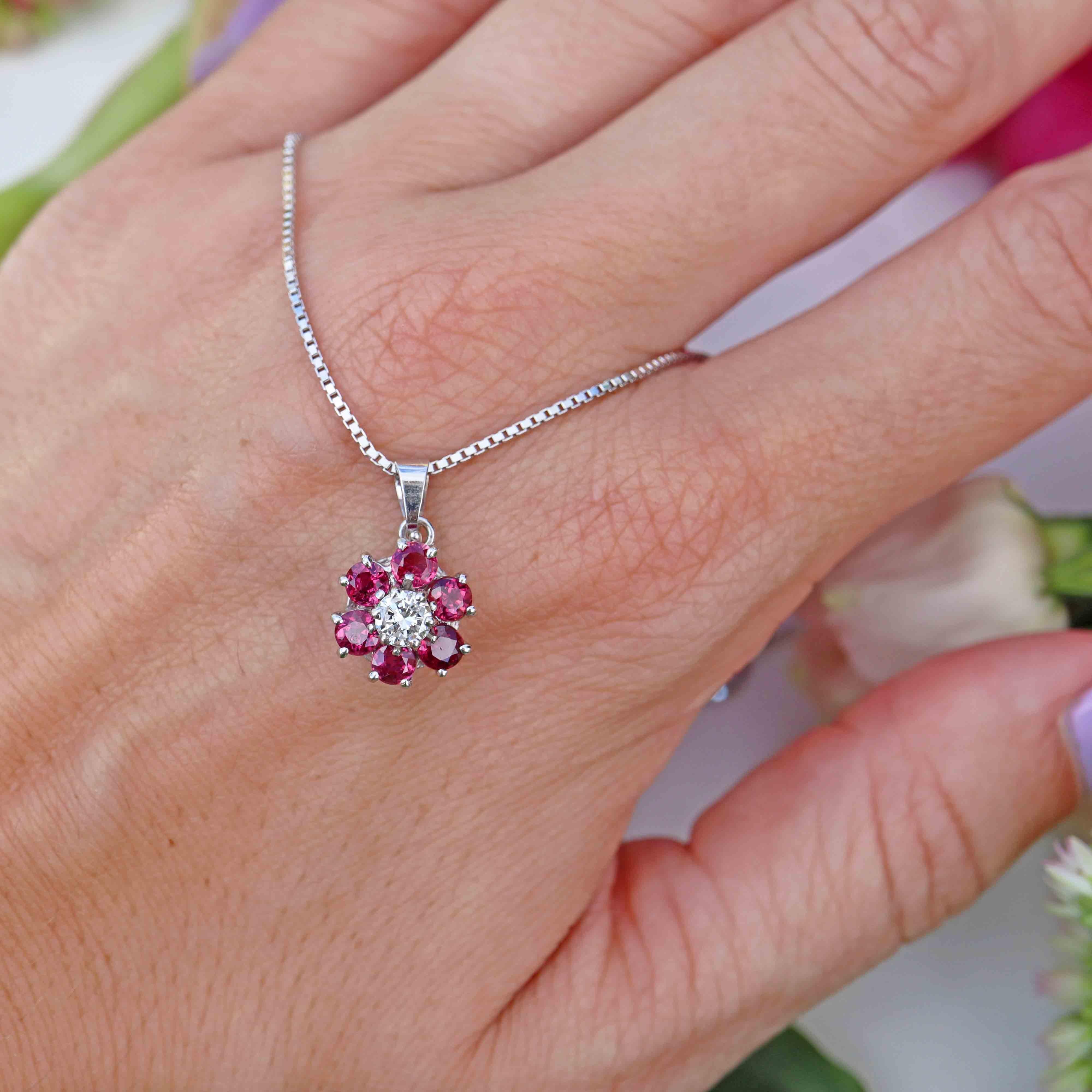 Ellibelle Jewellery Vintage Ruby & Diamond 18ct White Gold Cluster Pendant Necklace