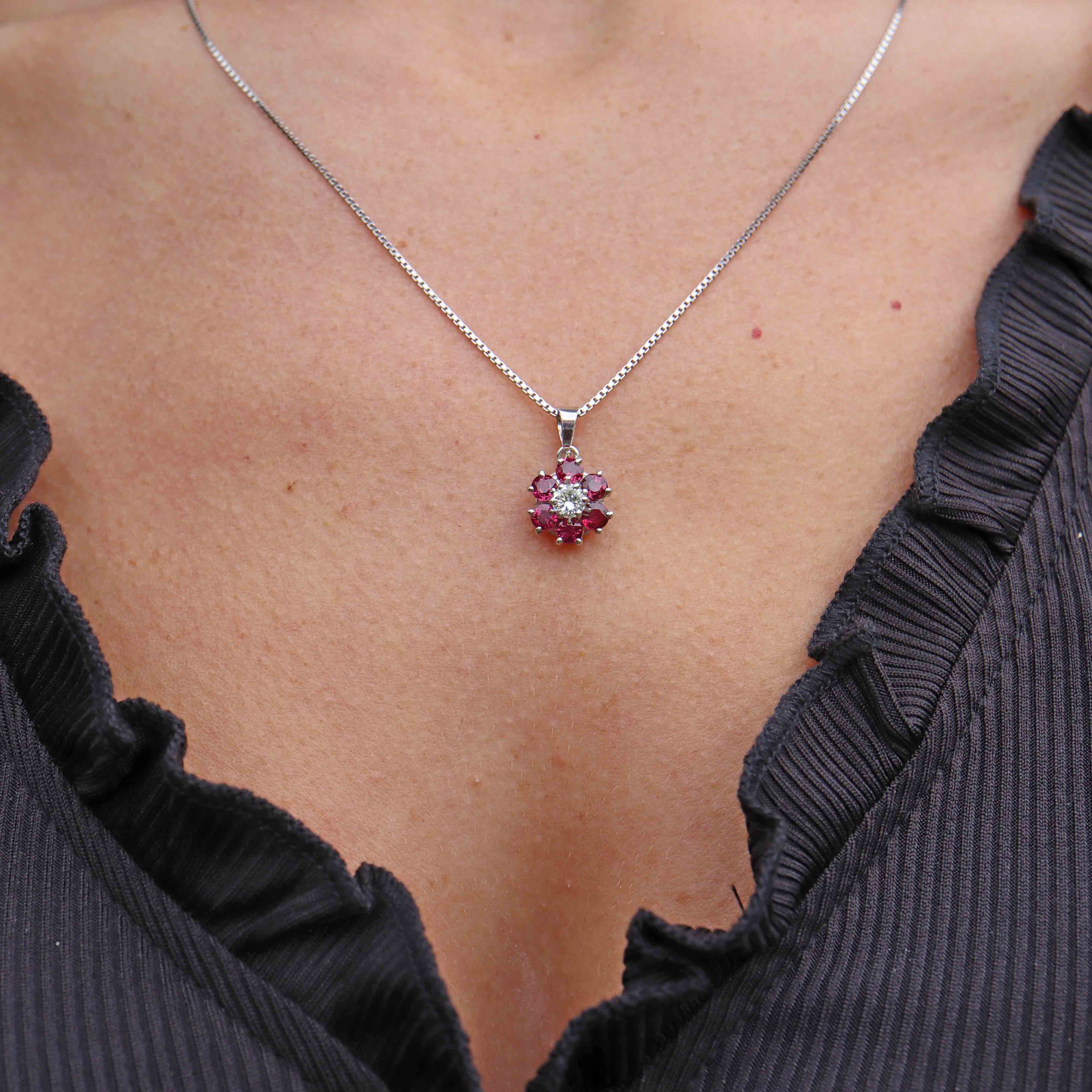 Ellibelle Jewellery Vintage Ruby & Diamond 18ct White Gold Cluster Pendant Necklace