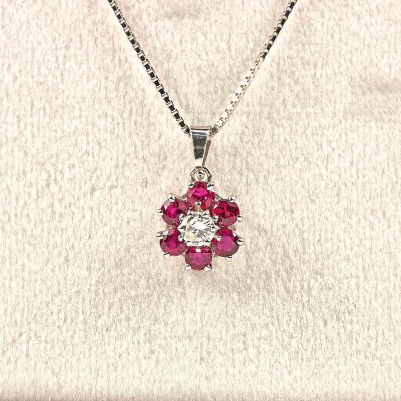 Ellibelle Jewellery Vintage Ruby & Diamond 18ct White Gold Cluster Pendant Necklace