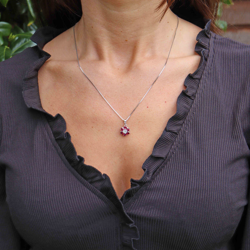 Ellibelle Jewellery Vintage Ruby & Diamond 18ct White Gold Cluster Pendant Necklace