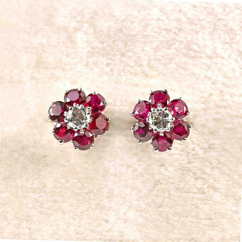 Ellibelle Jewellery Vintage Ruby & Diamond 18ct White Gold Cluster Stud Earrings