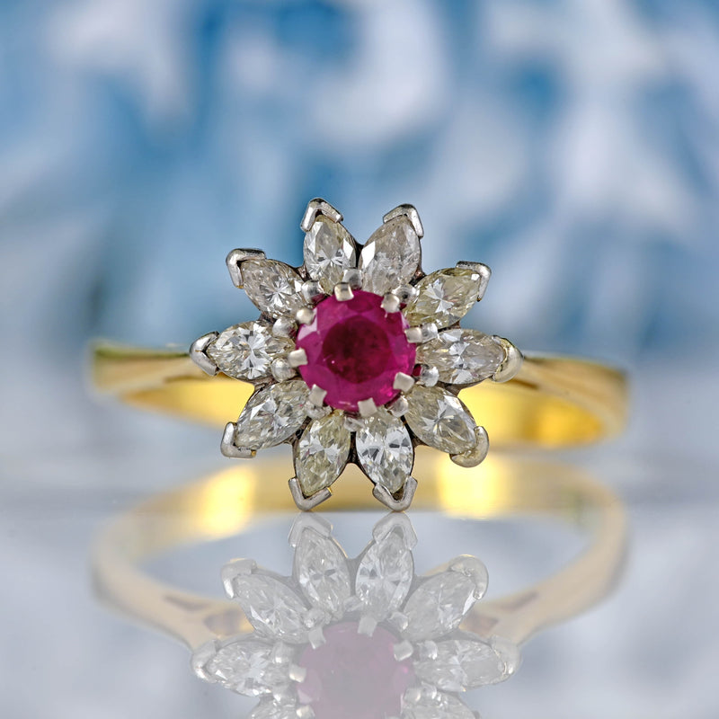 Ellibelle Jewellery Vintage Ruby & Marquise-Diamond 18ct Gold Flower Cluster Ring