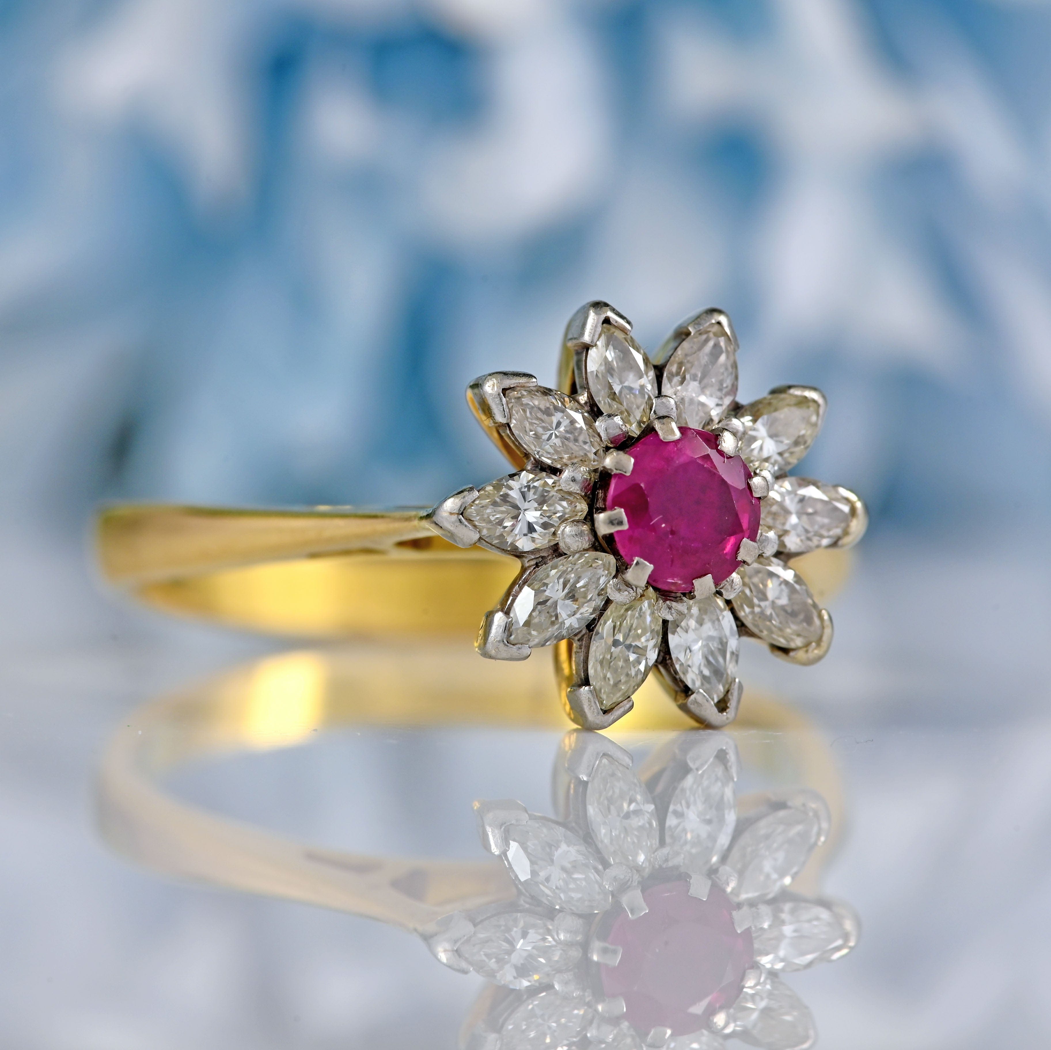 Ellibelle Jewellery Vintage Ruby & Marquise-Diamond 18ct Gold Flower Cluster Ring