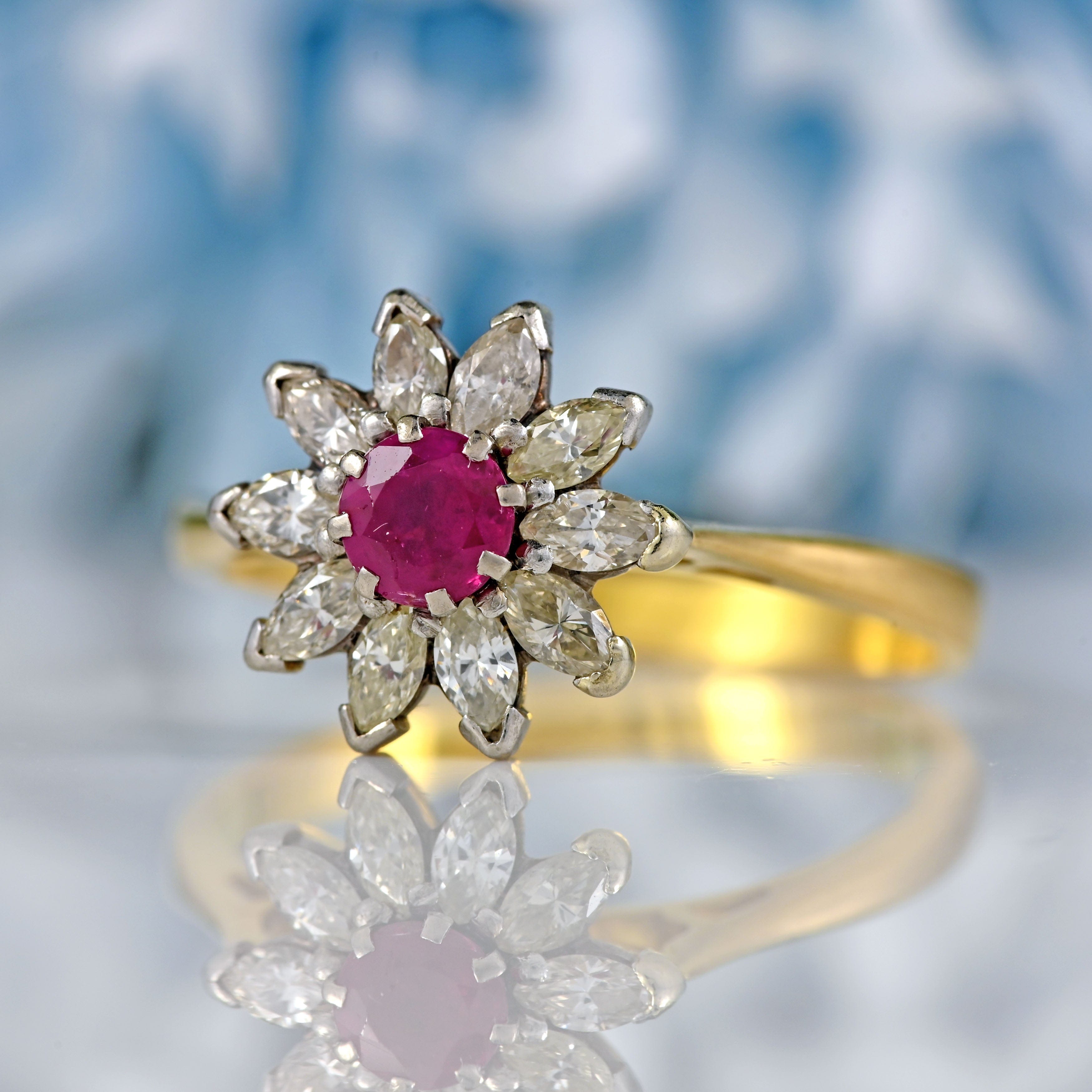 Ellibelle Jewellery Vintage Ruby & Marquise-Diamond 18ct Gold Flower Cluster Ring