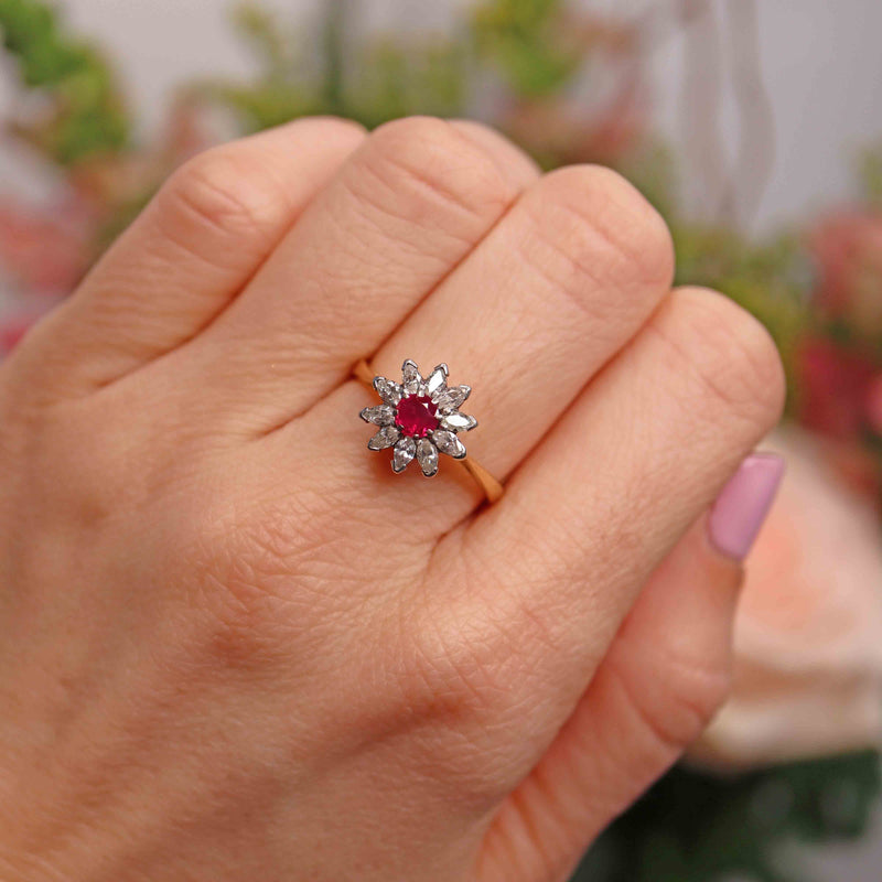 Ellibelle Jewellery Vintage Ruby & Marquise-Diamond 18ct Gold Flower Cluster Ring