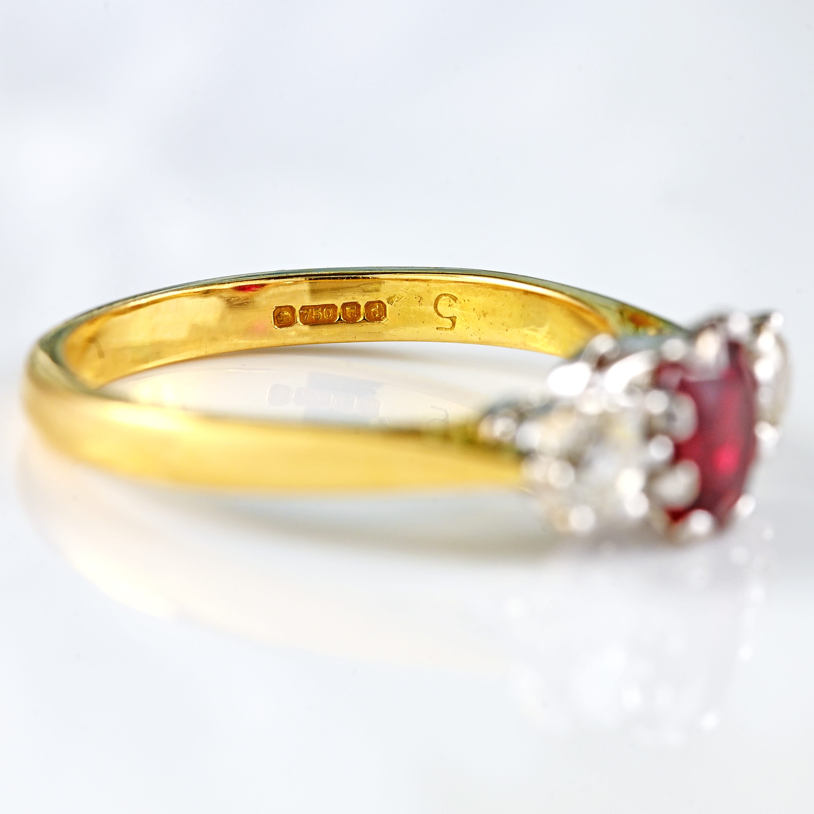 Ellibelle Jewellery Vintage Ruby & Old-Cut Diamond 18ct Gold Three-Stone Engagement Ring