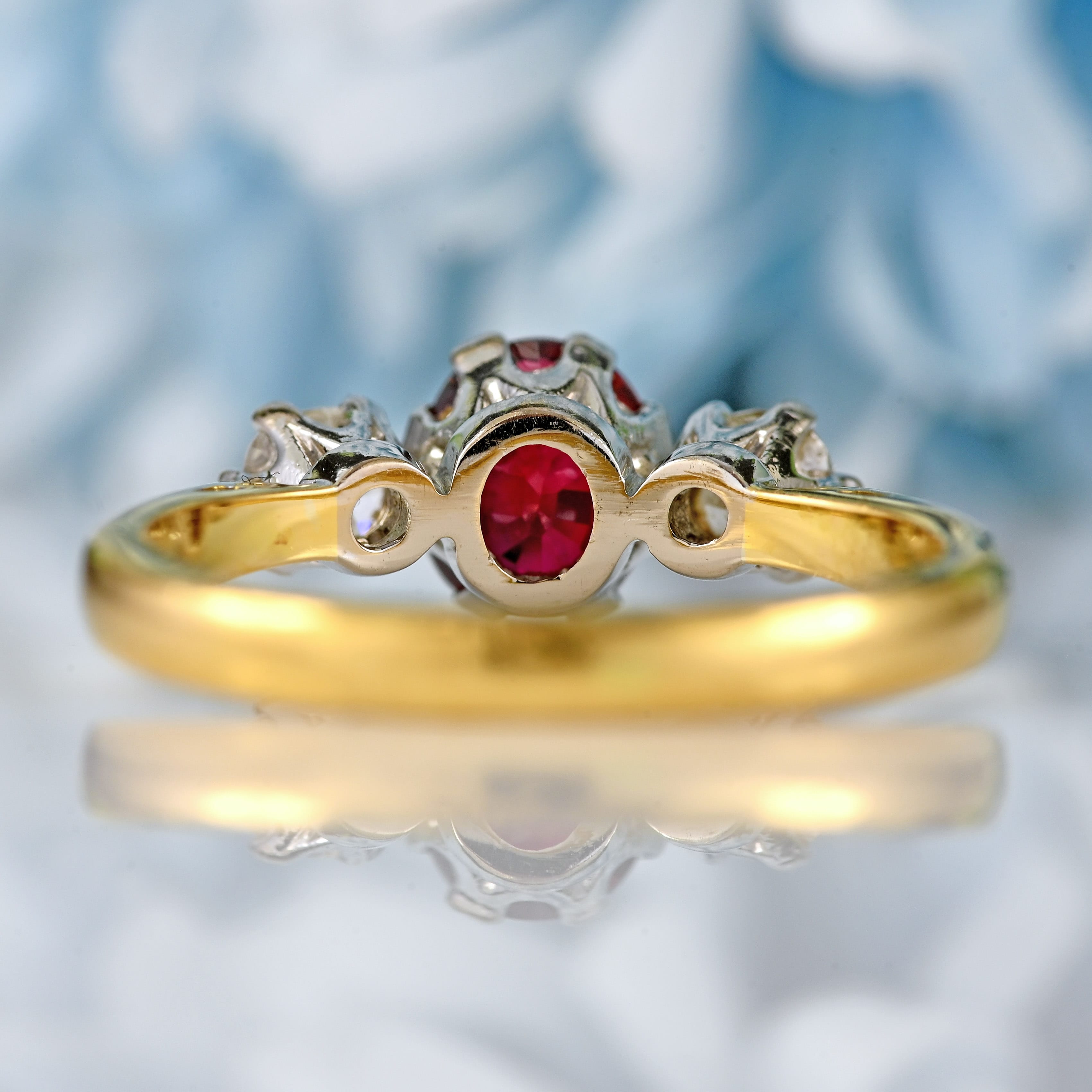Ellibelle Jewellery Vintage Ruby & Old-Cut Diamond 18ct Gold Three-Stone Engagement Ring