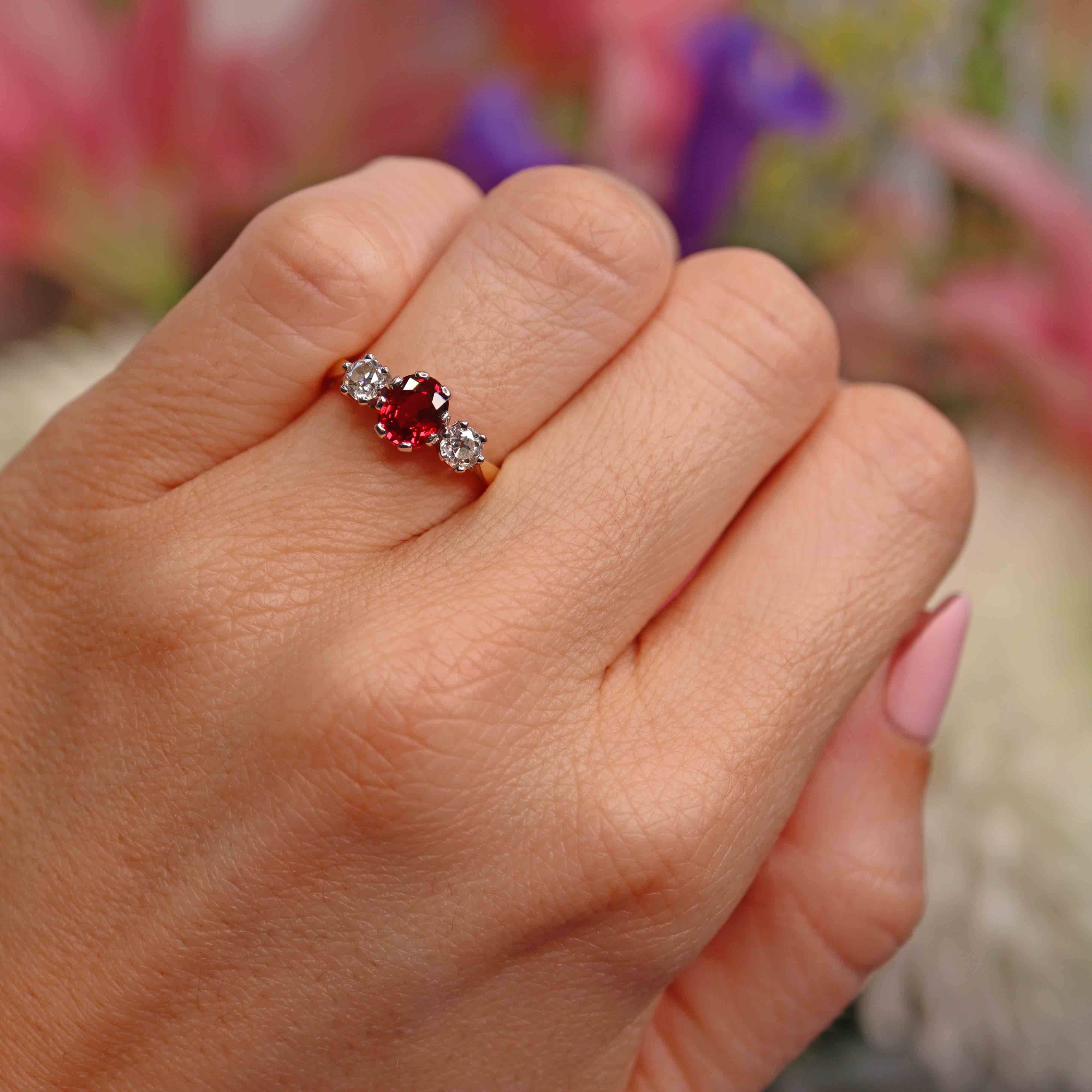 Ellibelle Jewellery Vintage Ruby & Old-Cut Diamond 18ct Gold Three-Stone Engagement Ring