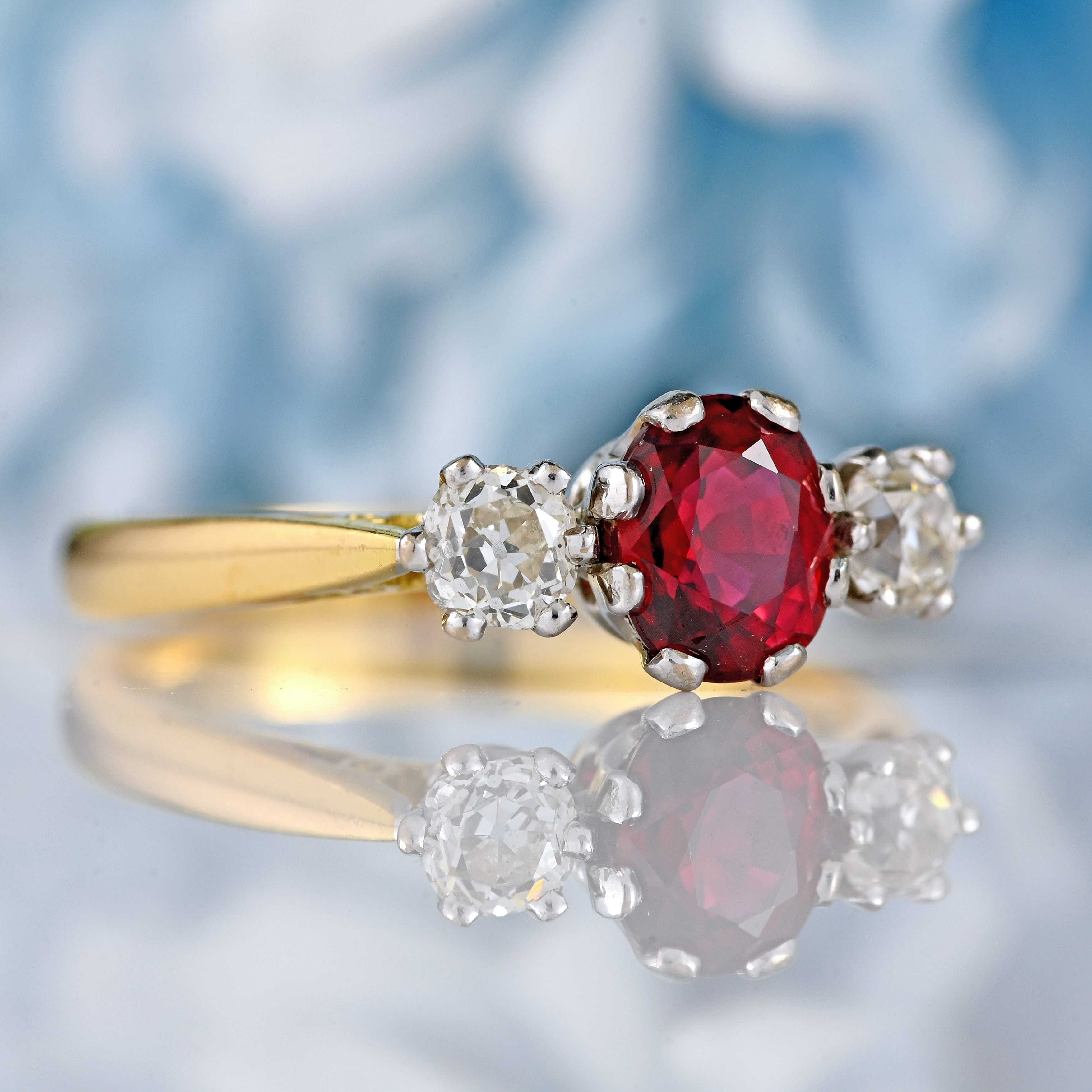 Ellibelle Jewellery Vintage Ruby & Old-Cut Diamond 18ct Gold Three-Stone Engagement Ring