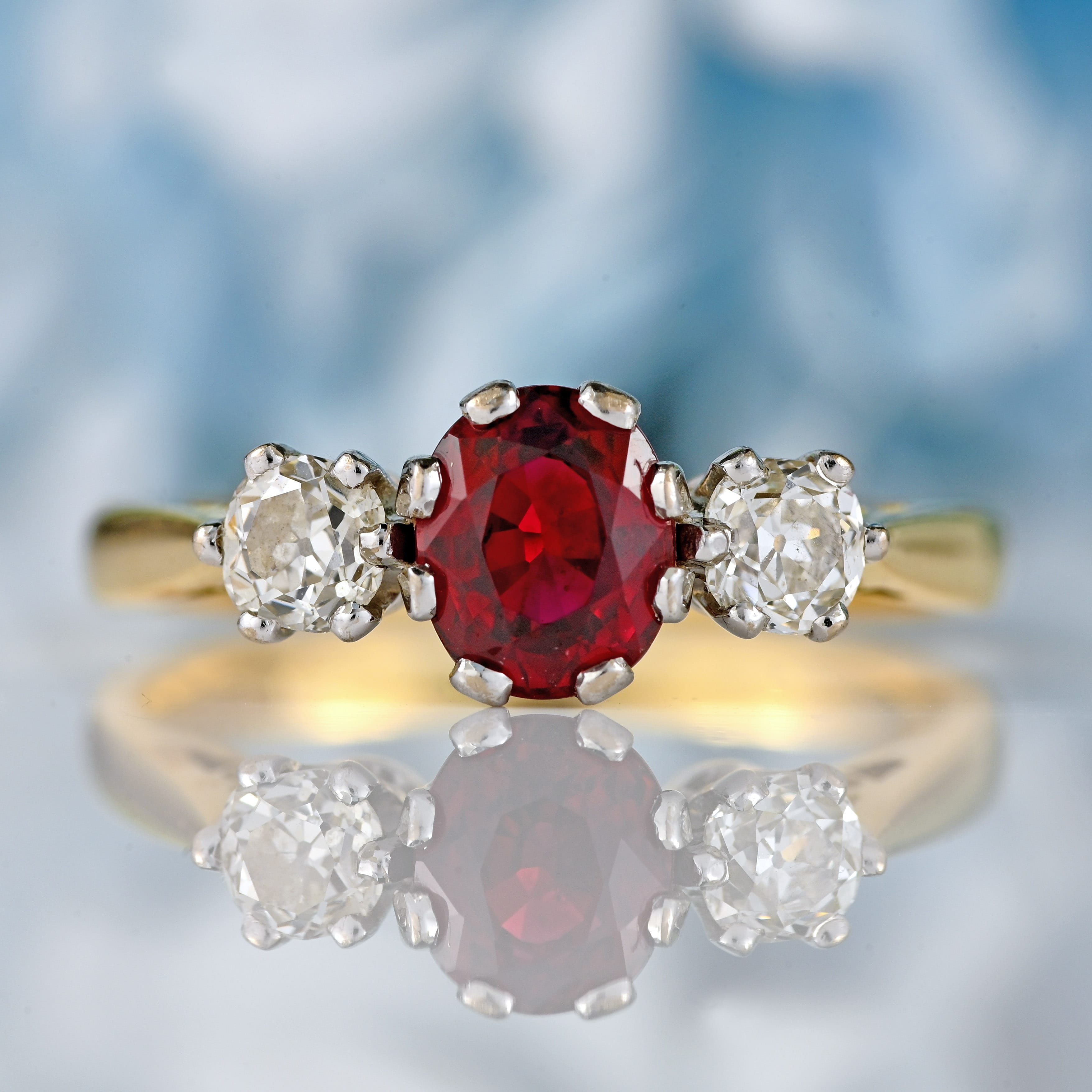Ellibelle Jewellery Vintage Ruby & Old-Cut Diamond 18ct Gold Three-Stone Engagement Ring