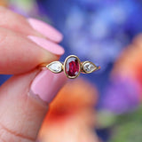 Ellibelle Jewellery Vintage Ruby & Pear-Cut Diamond 18ct Gold Three-Stone Engagement Ring