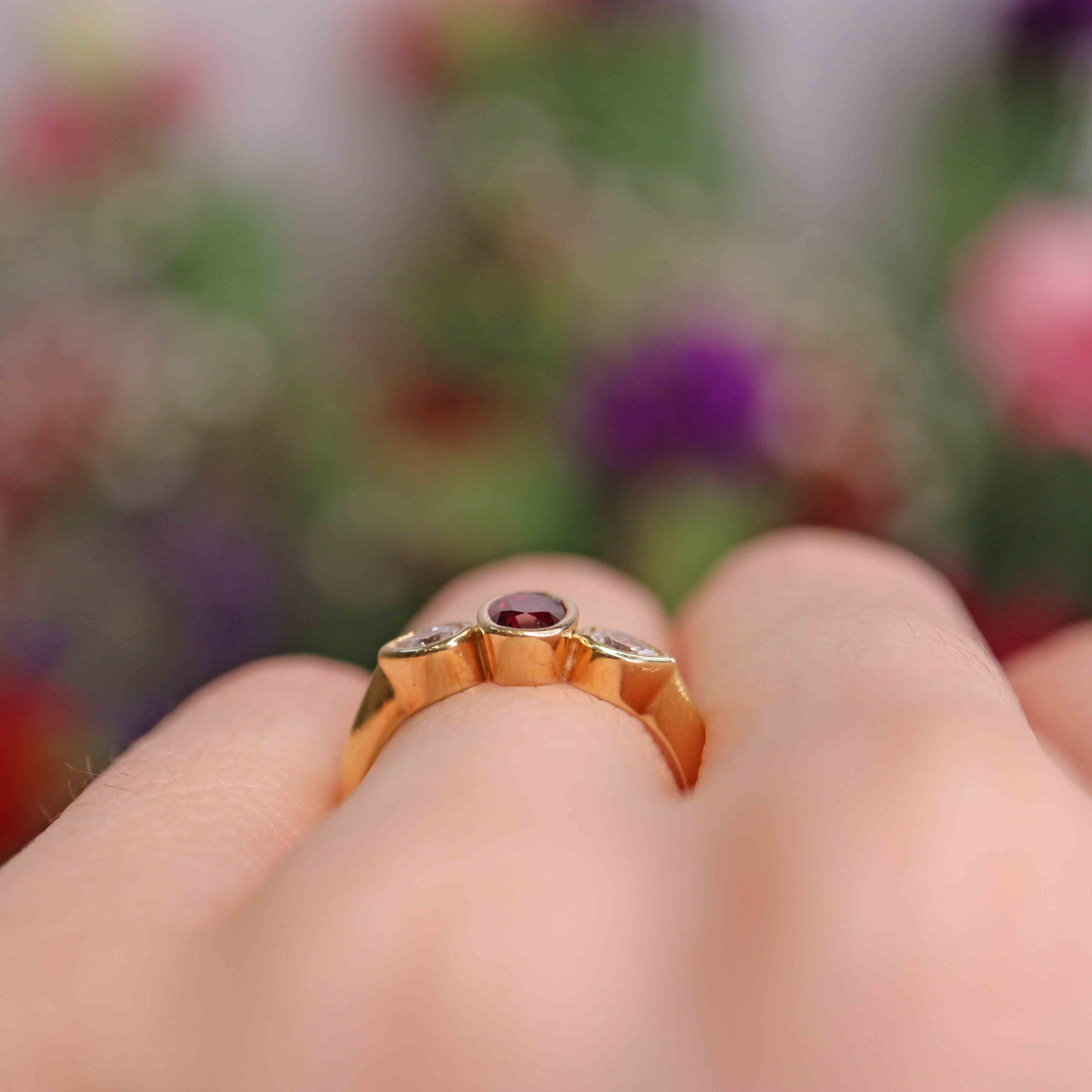 Ellibelle Jewellery Vintage Ruby & Pear-Cut Diamond 18ct Gold Three-Stone Engagement Ring