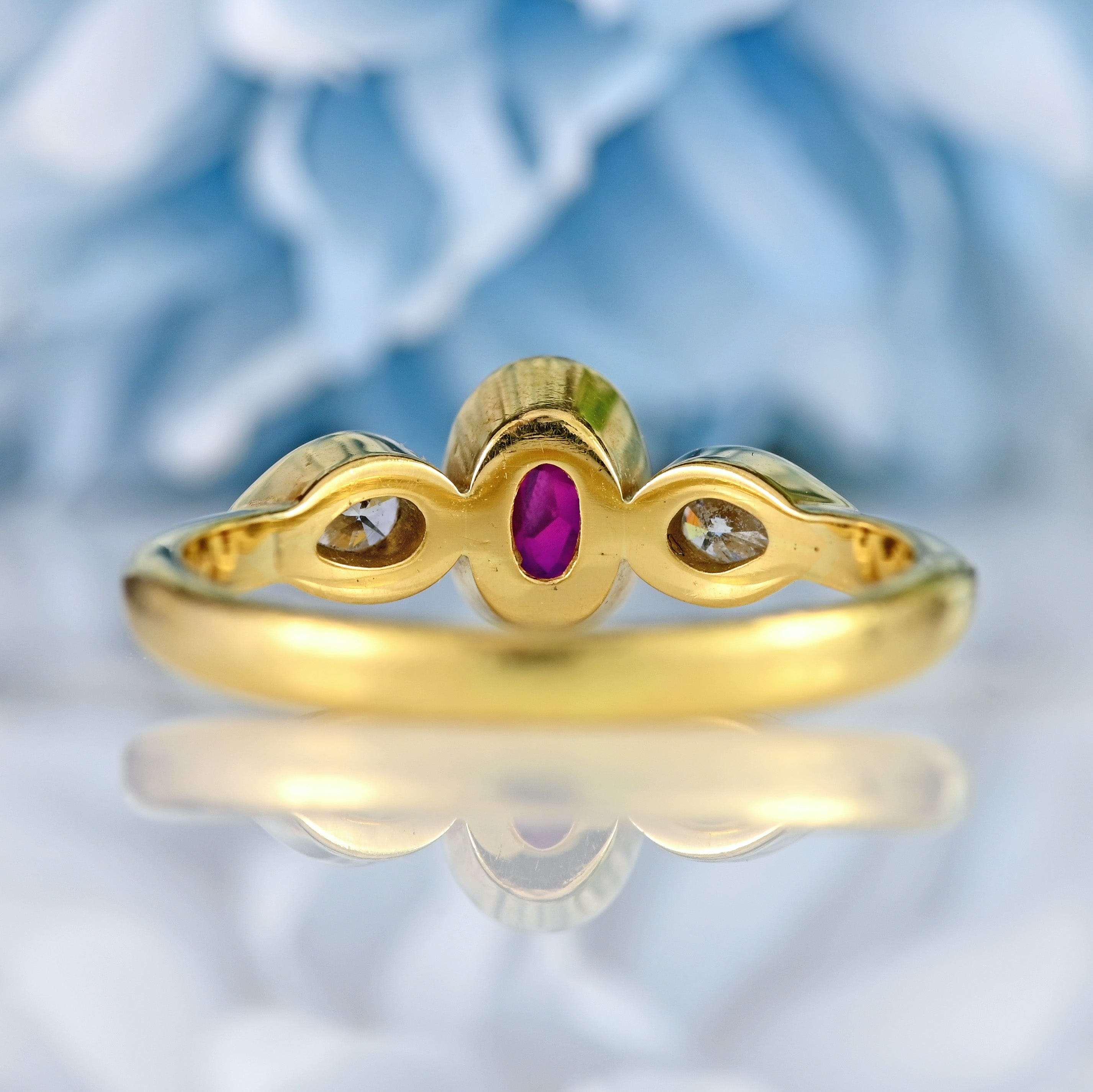 Ellibelle Jewellery Vintage Ruby & Pear-Cut Diamond 18ct Gold Three-Stone Engagement Ring