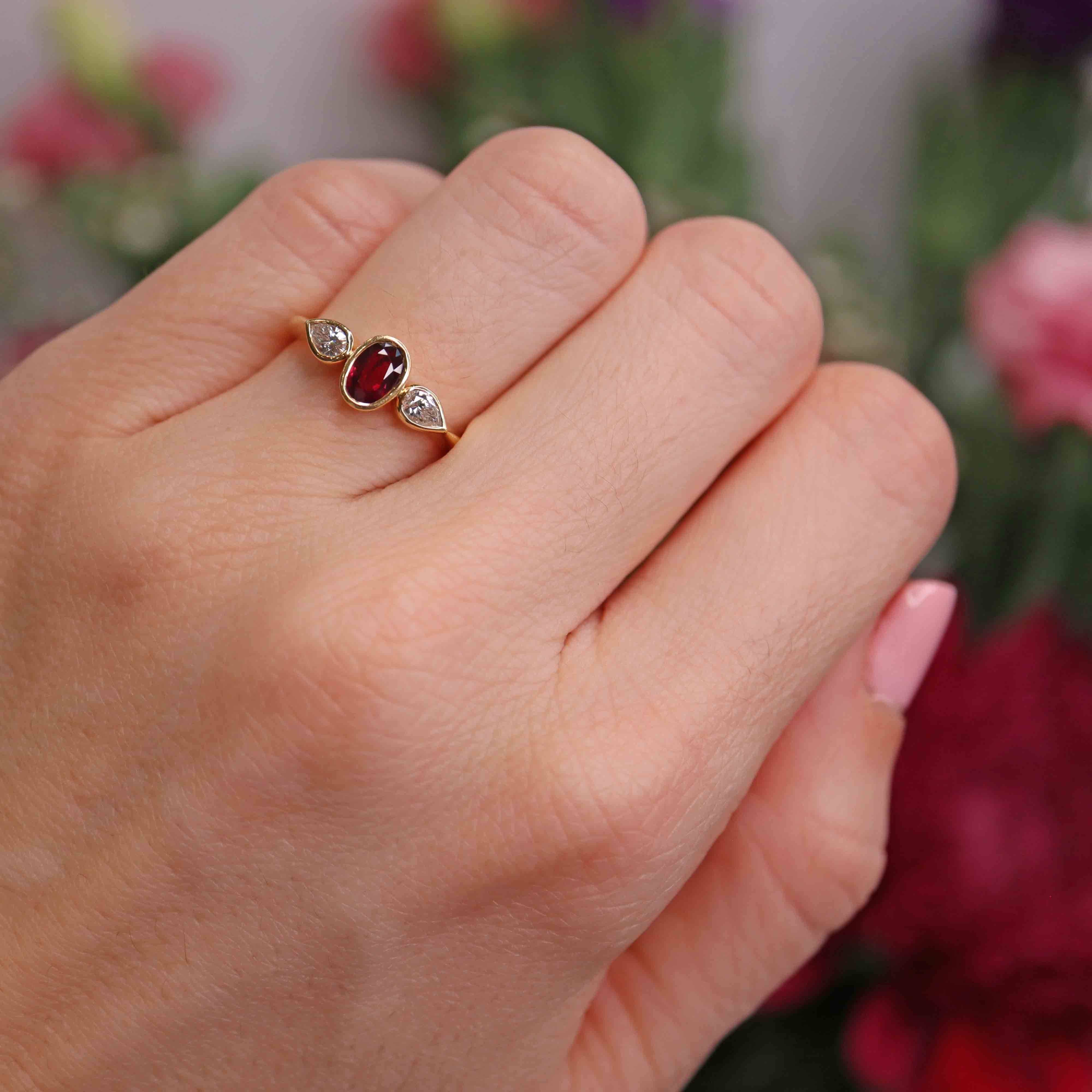 Ellibelle Jewellery Vintage Ruby & Pear-Cut Diamond 18ct Gold Three-Stone Engagement Ring