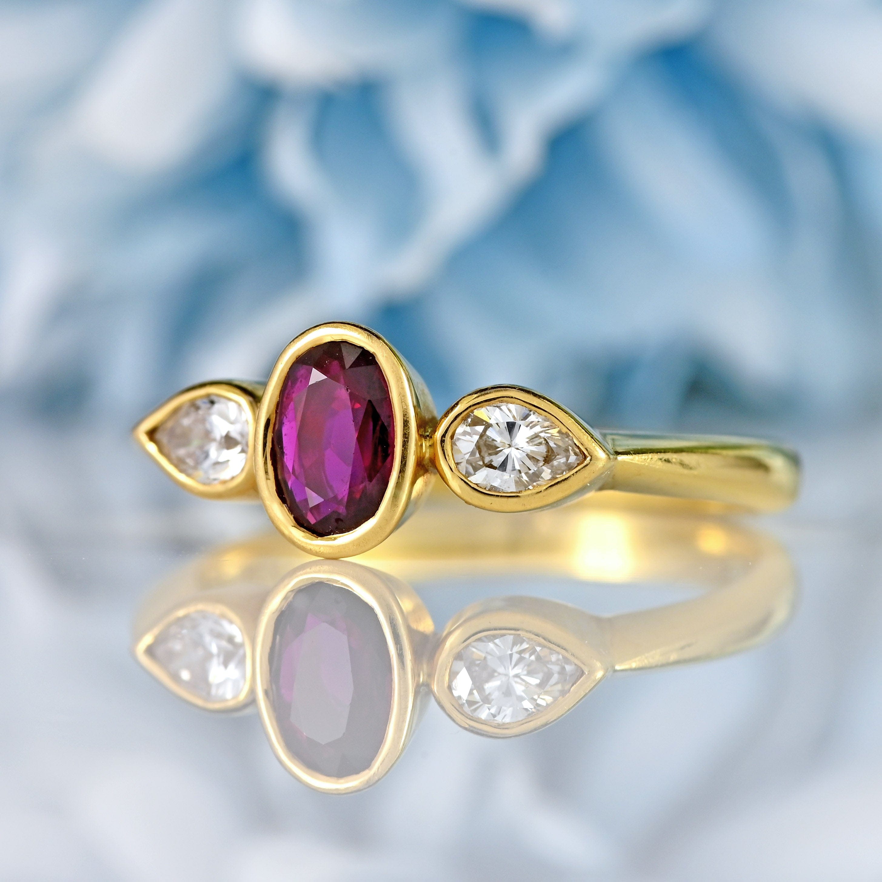 Ellibelle Jewellery Vintage Ruby & Pear-Cut Diamond 18ct Gold Three-Stone Engagement Ring