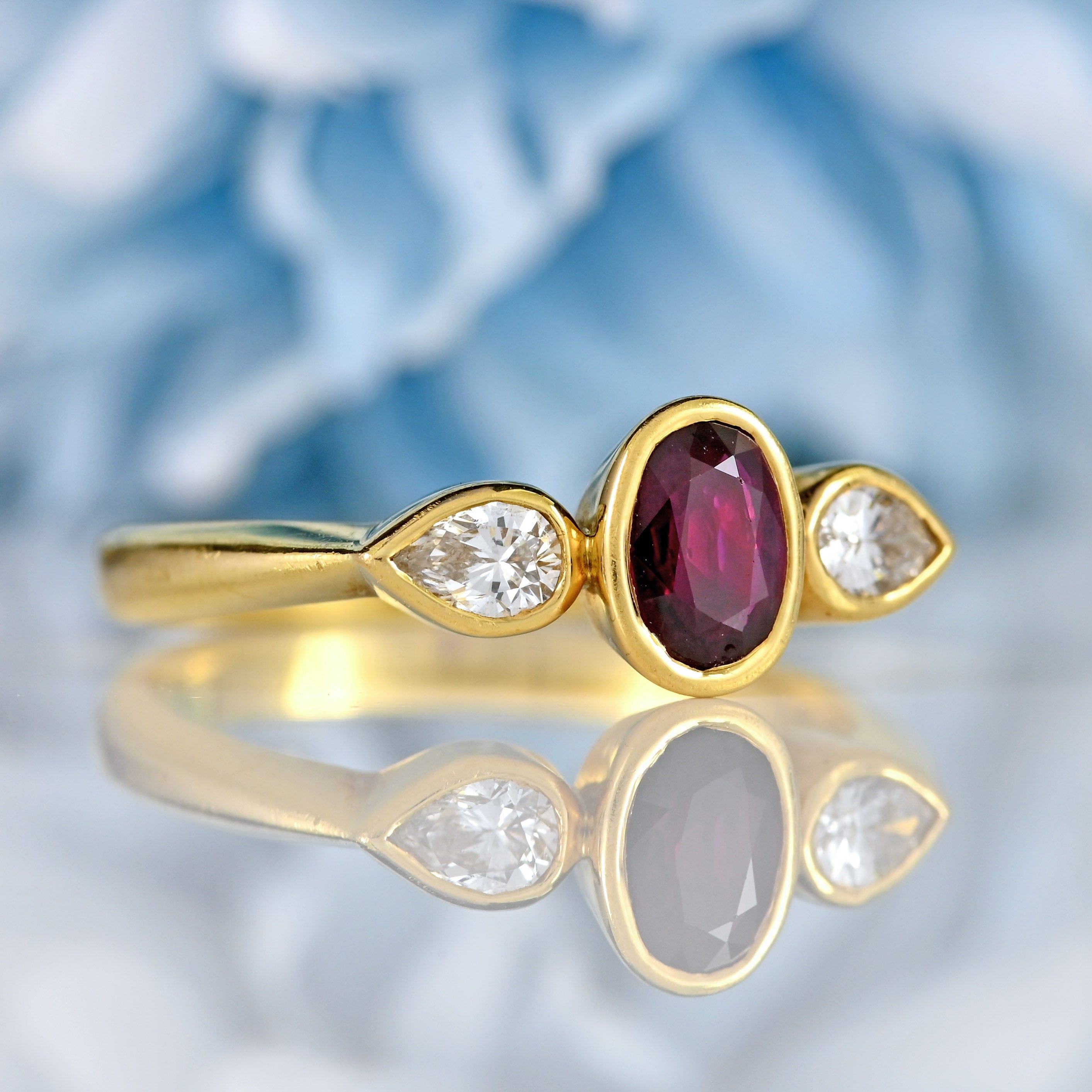 Ellibelle Jewellery Vintage Ruby & Pear-Cut Diamond 18ct Gold Three-Stone Engagement Ring
