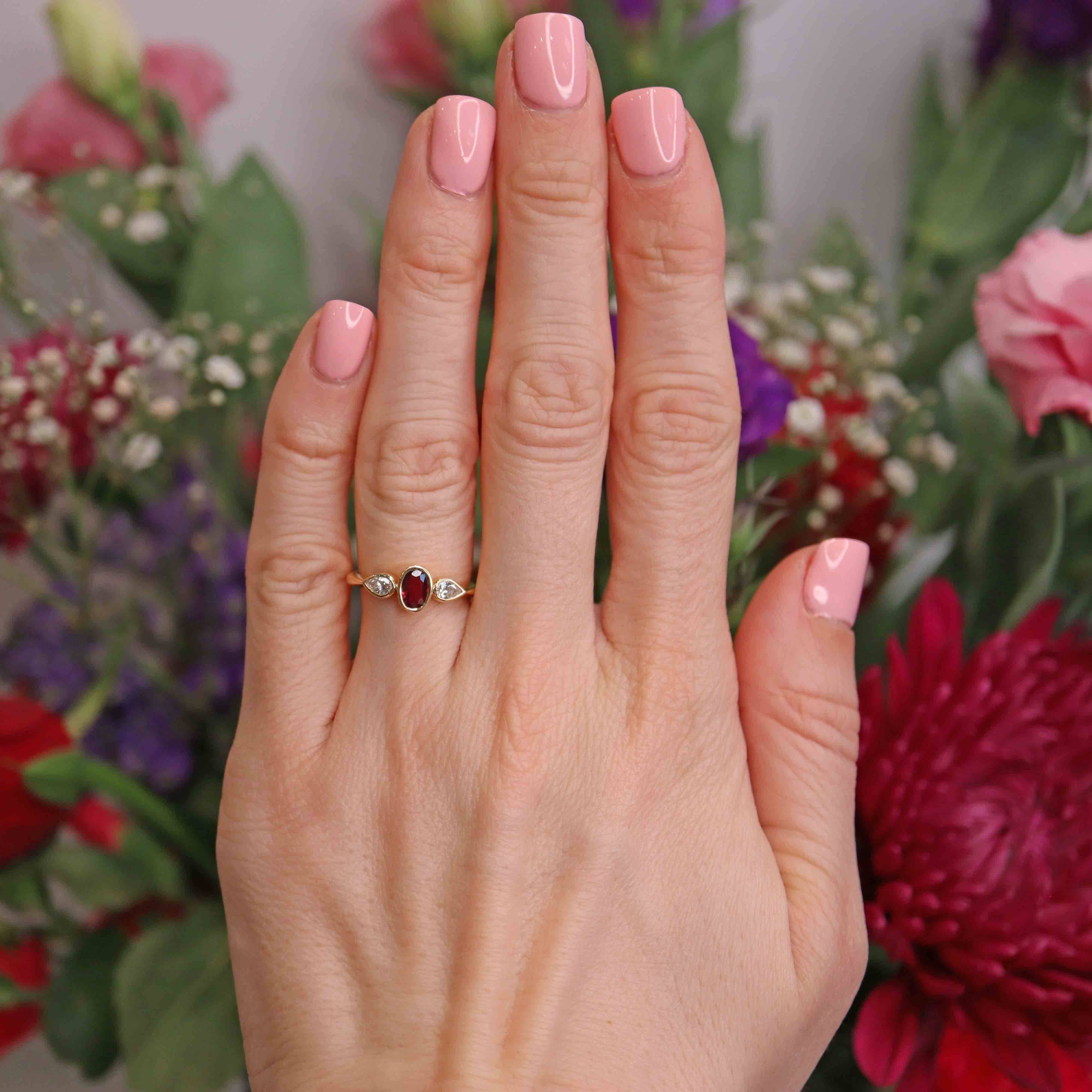 Ellibelle Jewellery Vintage Ruby & Pear-Cut Diamond 18ct Gold Three-Stone Engagement Ring