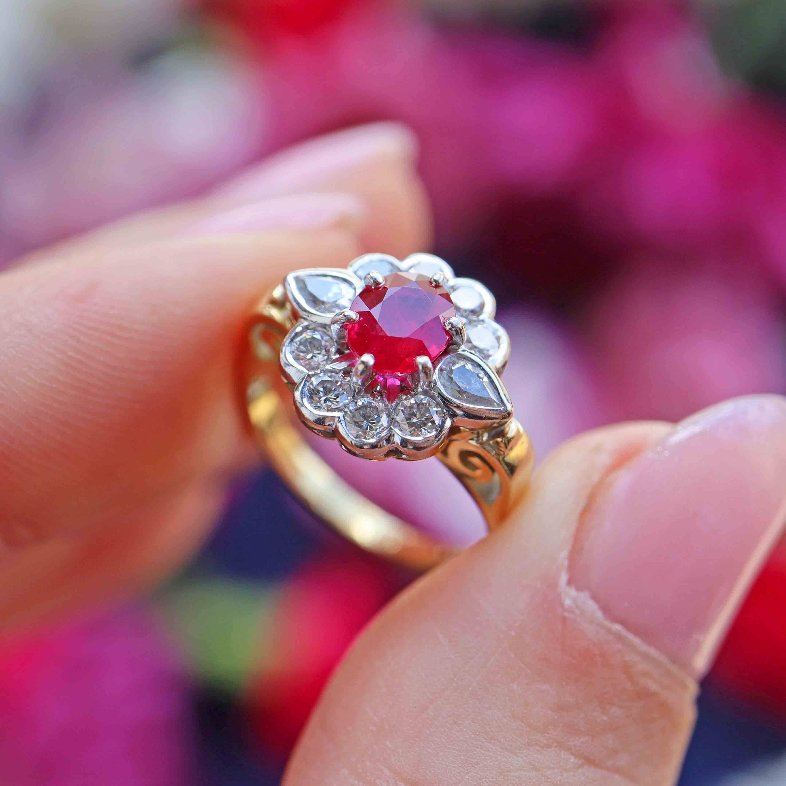 Ellibelle Jewellery Vintage Ruby & Vari-Cut Diamond 18ct Gold Cluster Ring (0.62cts)