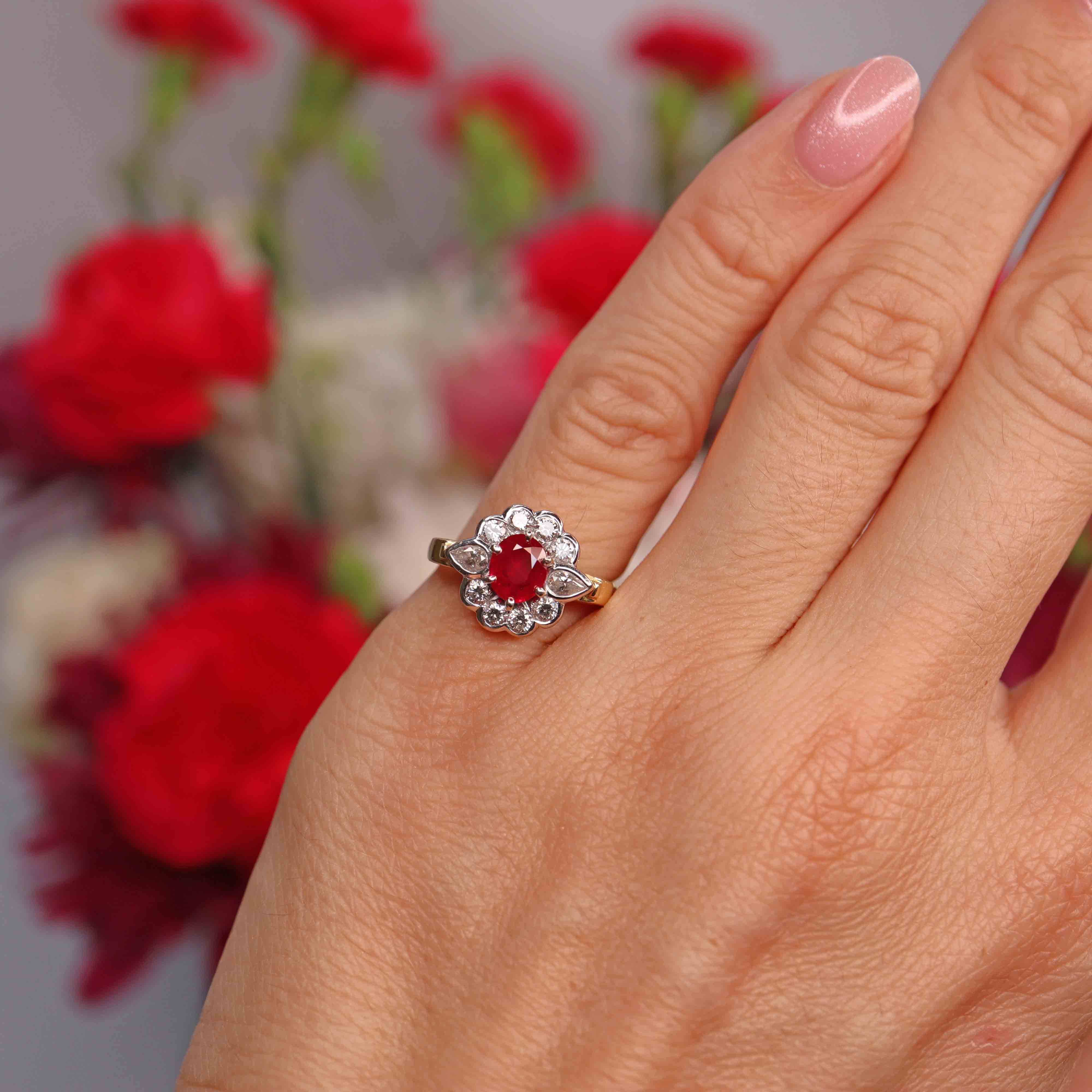 Ellibelle Jewellery Vintage Ruby & Vari-Cut Diamond 18ct Gold Cluster Ring (0.62cts)