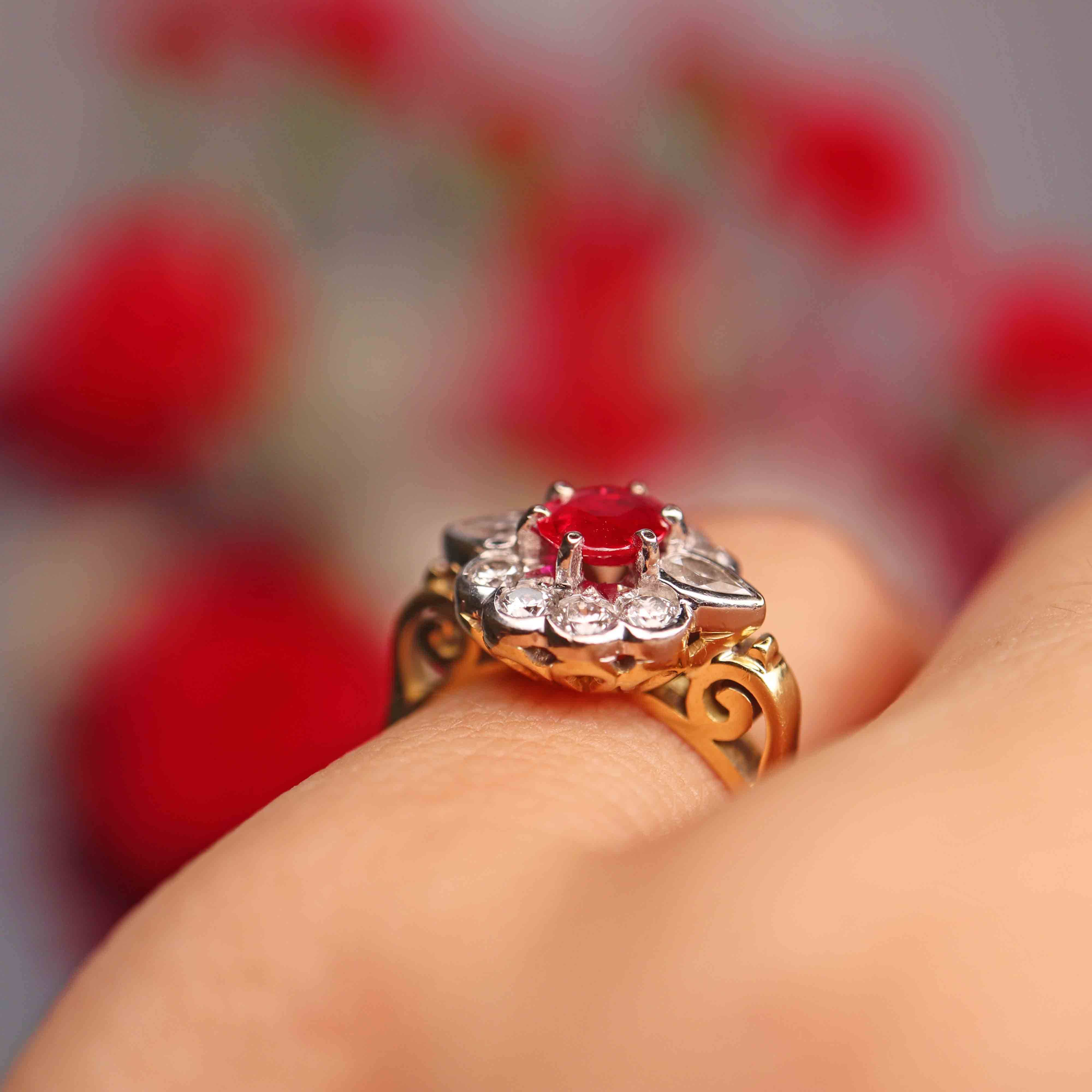 Ellibelle Jewellery Vintage Ruby & Vari-Cut Diamond 18ct Gold Cluster Ring (0.62cts)