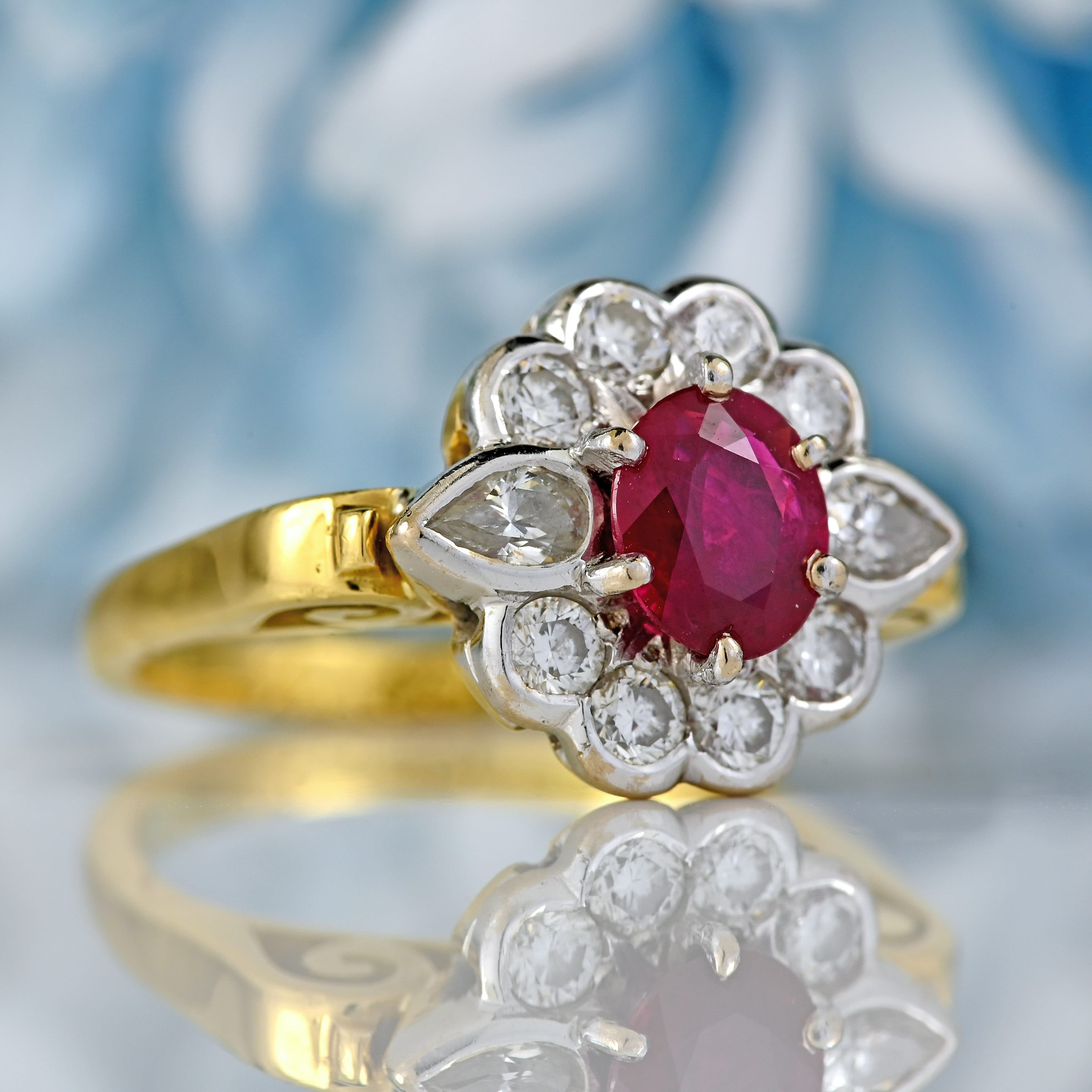 Ellibelle Jewellery Vintage Ruby & Vari-Cut Diamond 18ct Gold Cluster Ring (0.62cts)