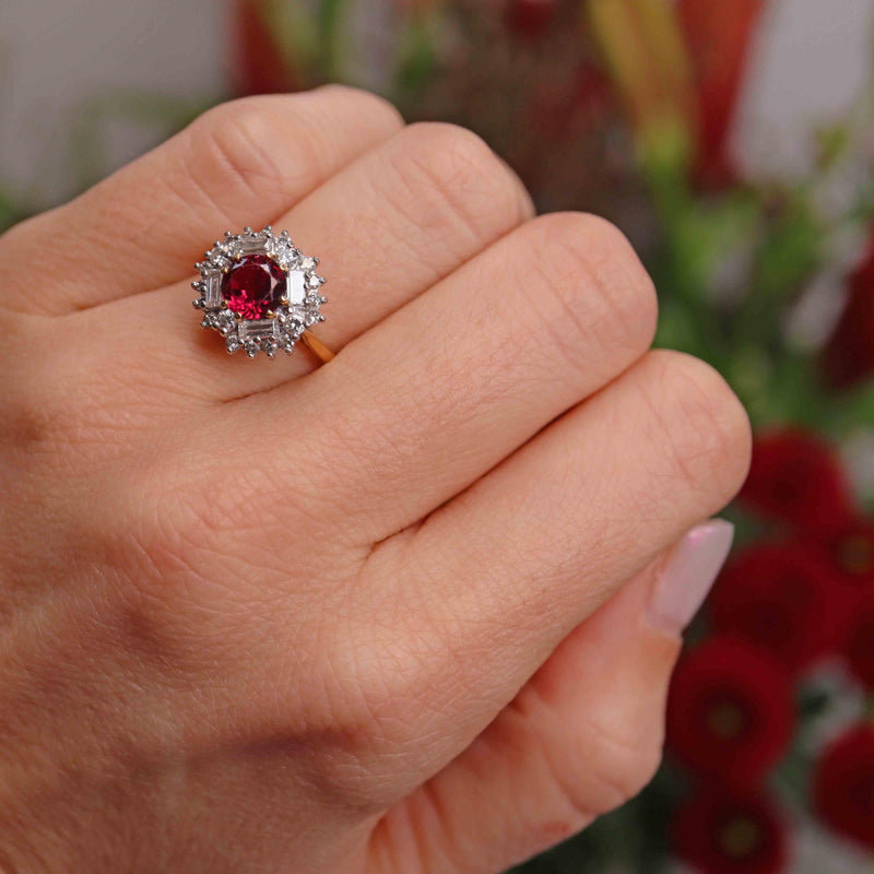 Ellibelle Jewellery Vintage Ruby & Vari-Cut Diamond 18ct Gold Cluster Ring