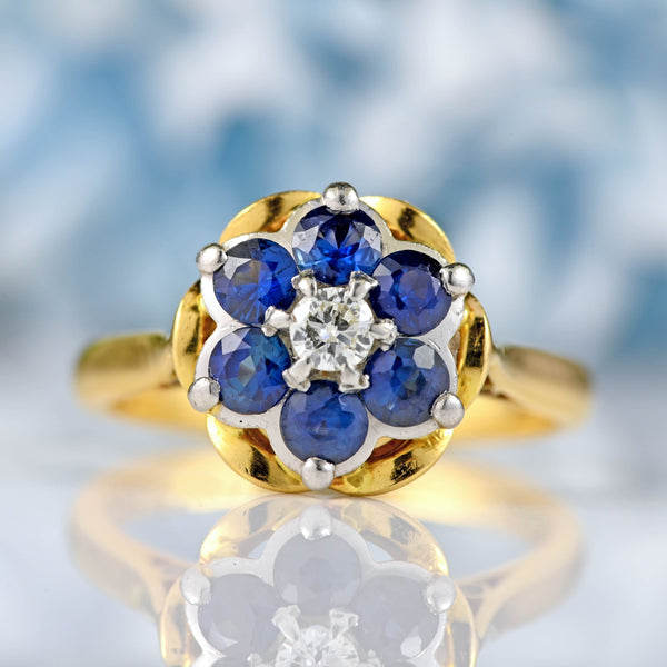 Ellibelle Jewellery Vintage Sapphire & Diamond 18ct Gold Buttercup Cluster Ring