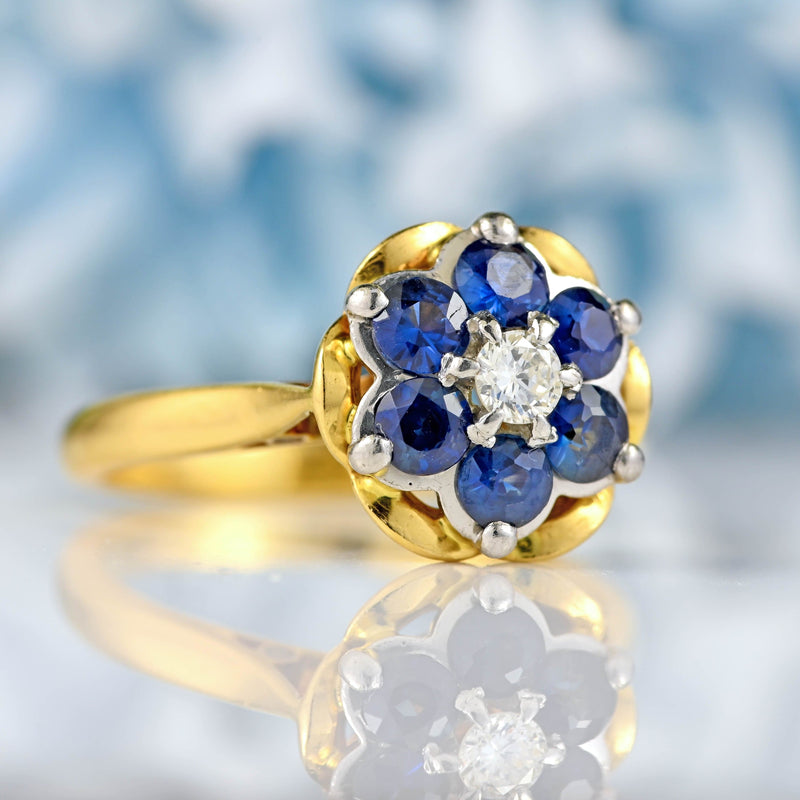 Ellibelle Jewellery Vintage Sapphire & Diamond 18ct Gold Buttercup Cluster Ring