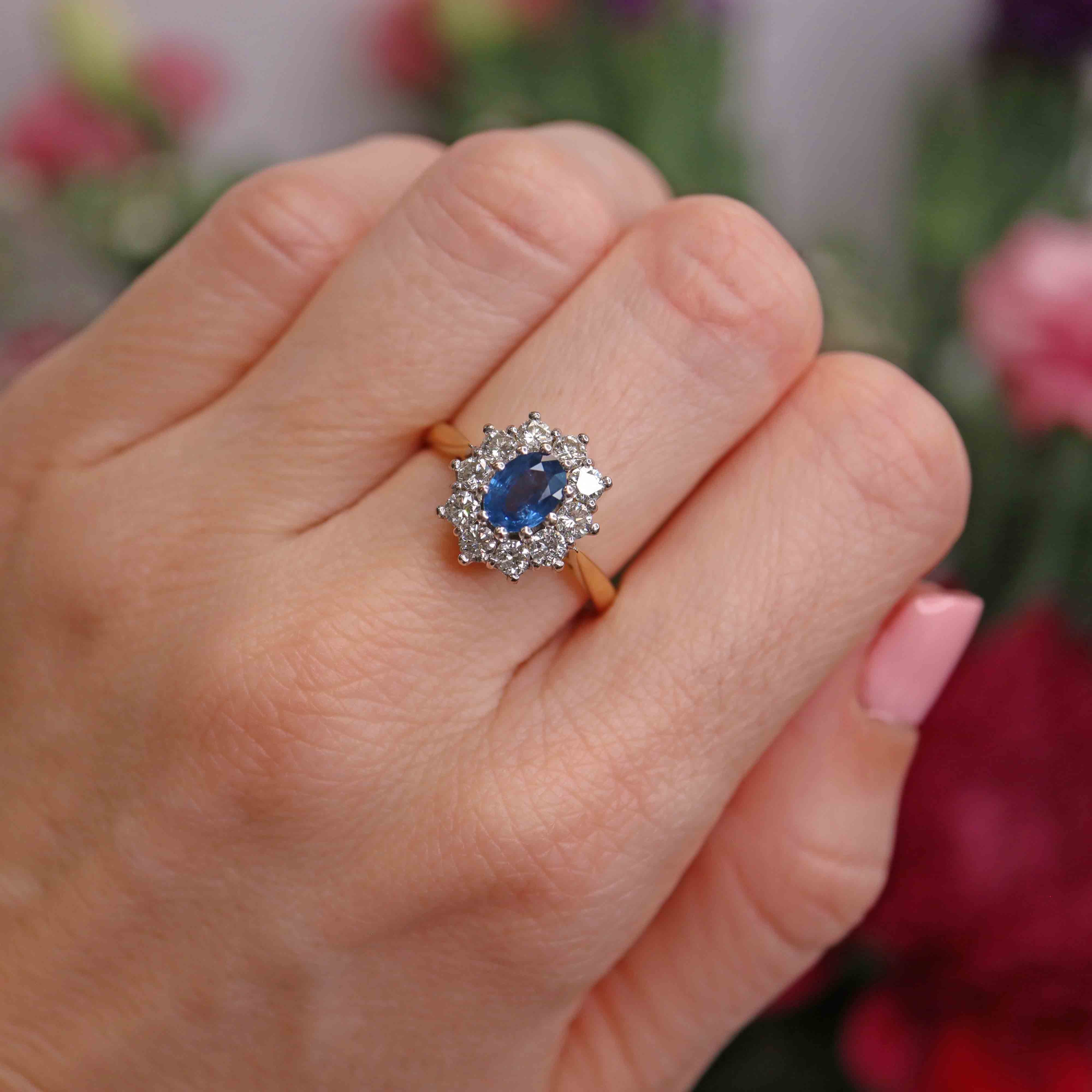 Ellibelle Jewellery Vintage Sapphire & Diamond 18ct Gold Cluster Engagement Ring (1.00ct)