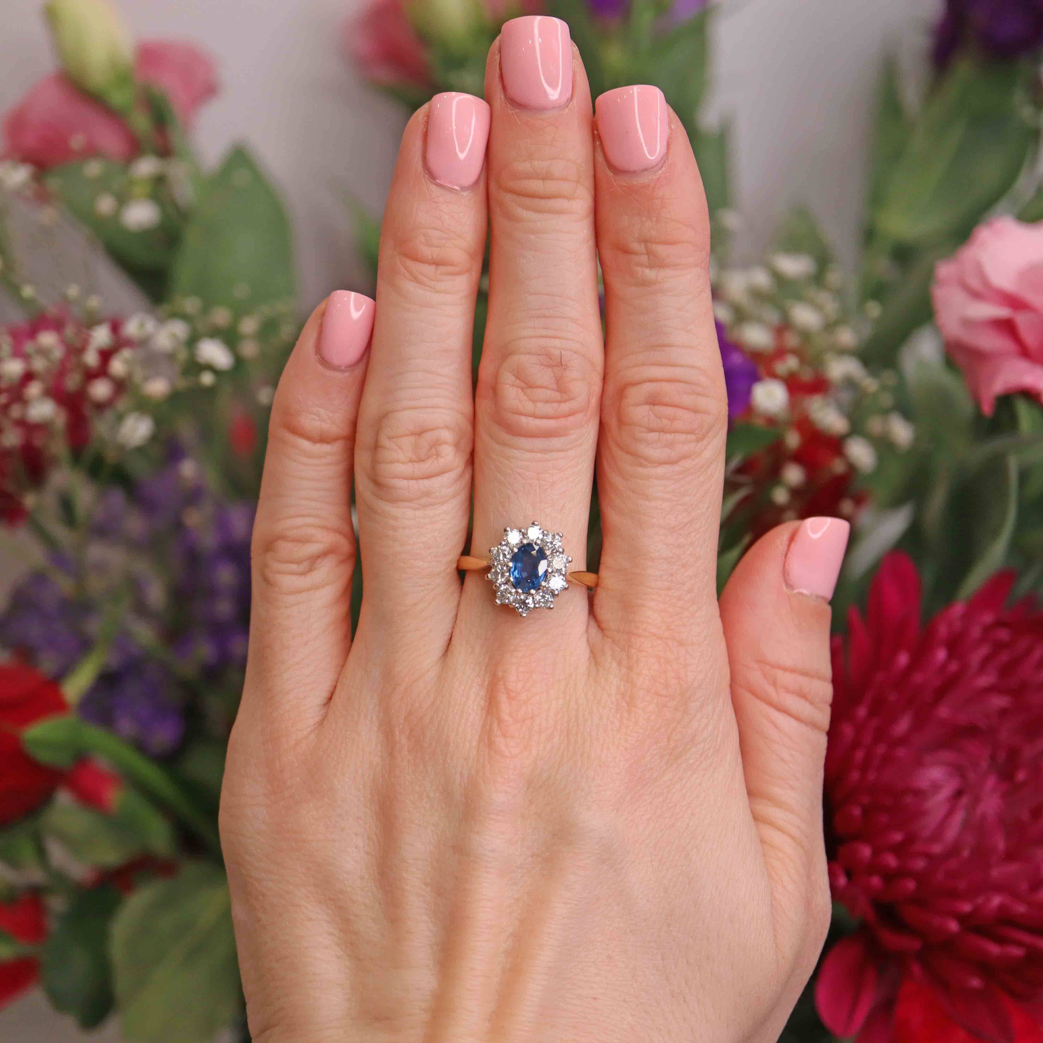 Ellibelle Jewellery Vintage Sapphire & Diamond 18ct Gold Cluster Engagement Ring (1.00ct)