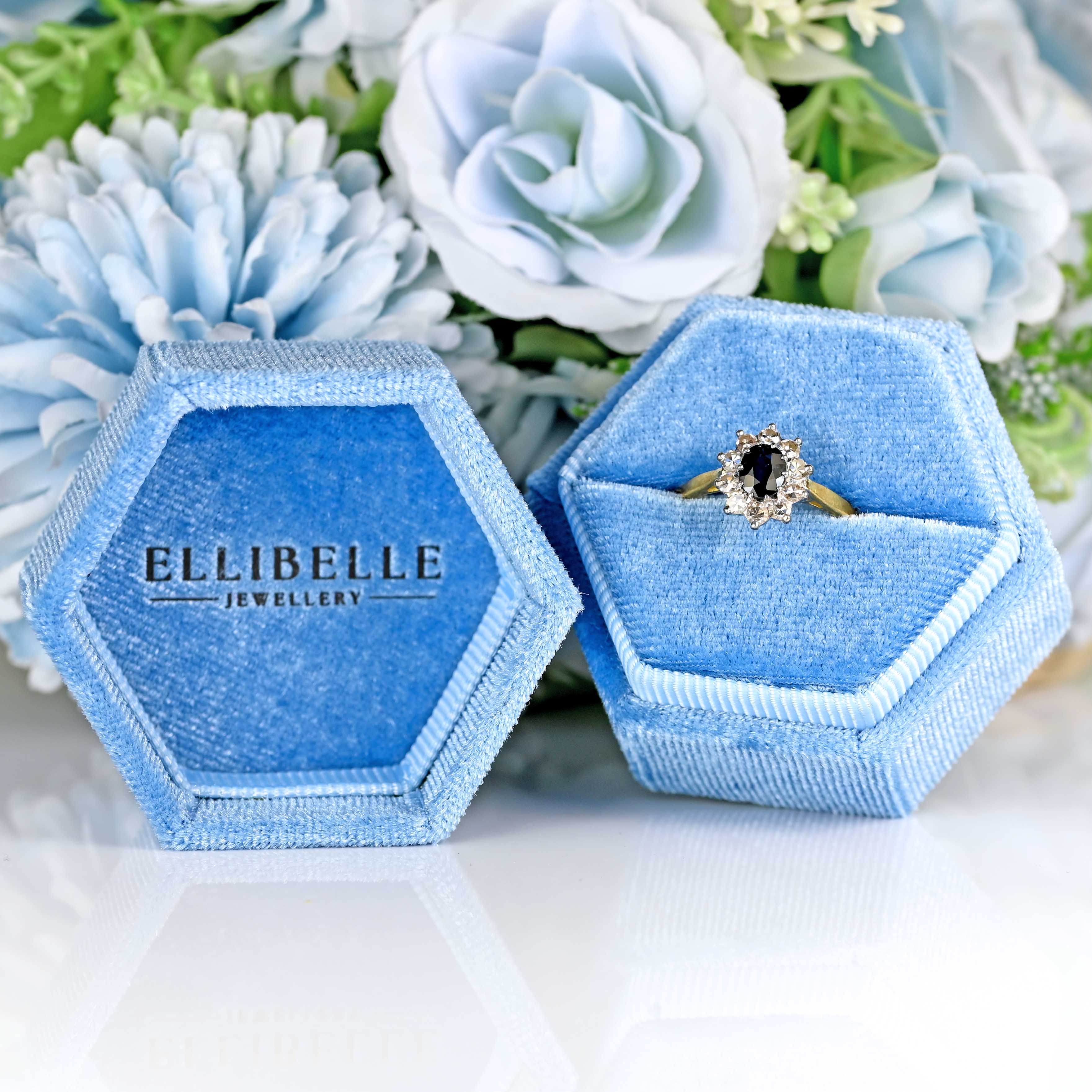 Ellibelle Jewellery Vintage Sapphire & Diamond 18ct Gold Cluster Engagement Ring