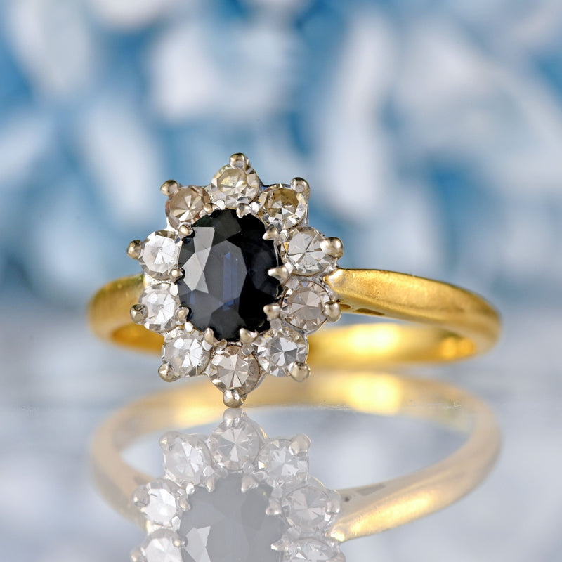 Ellibelle Jewellery Vintage Sapphire & Diamond 18ct Gold Cluster Engagement Ring