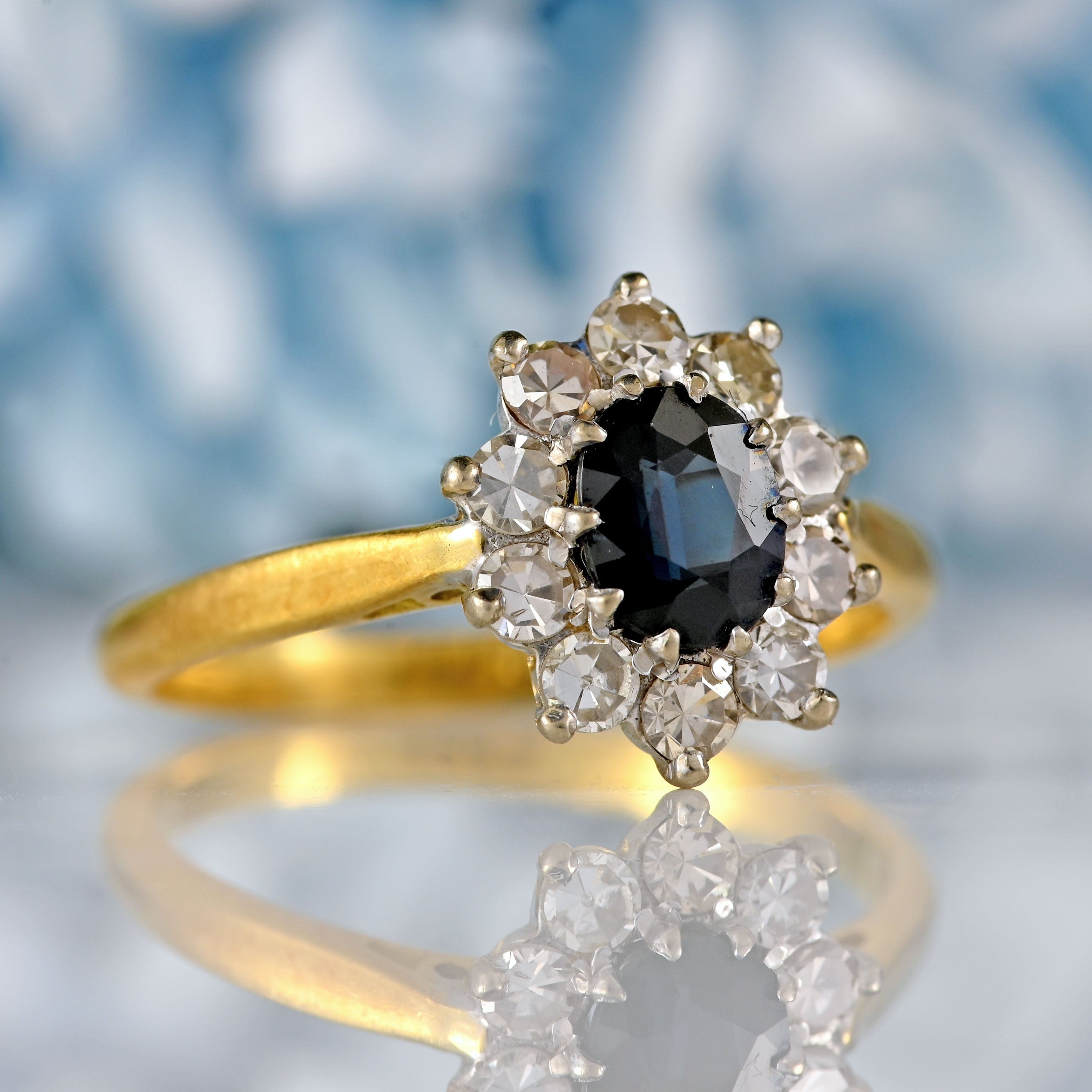 Ellibelle Jewellery Vintage Sapphire & Diamond 18ct Gold Cluster Engagement Ring
