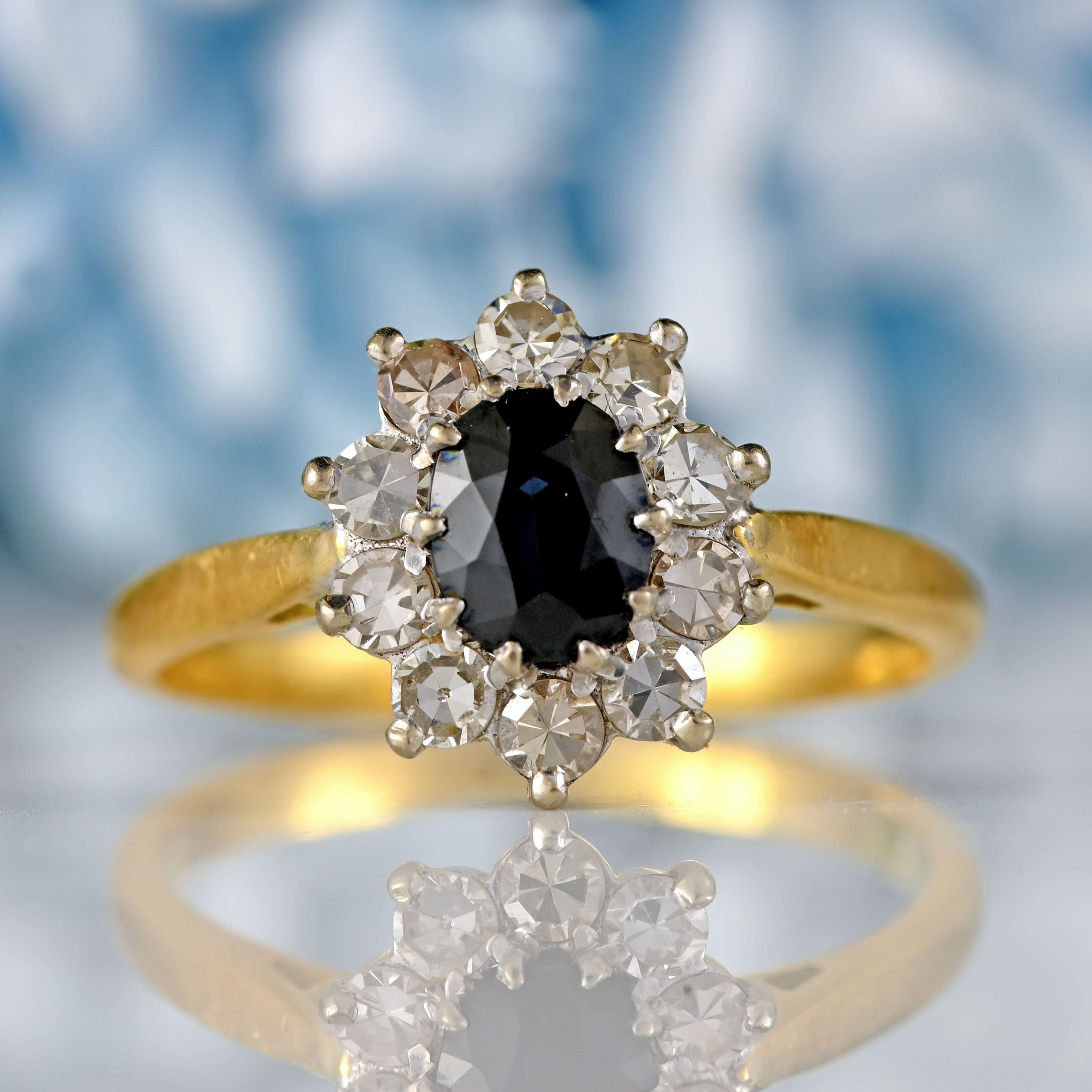 Ellibelle Jewellery Vintage Sapphire & Diamond 18ct Gold Cluster Engagement Ring