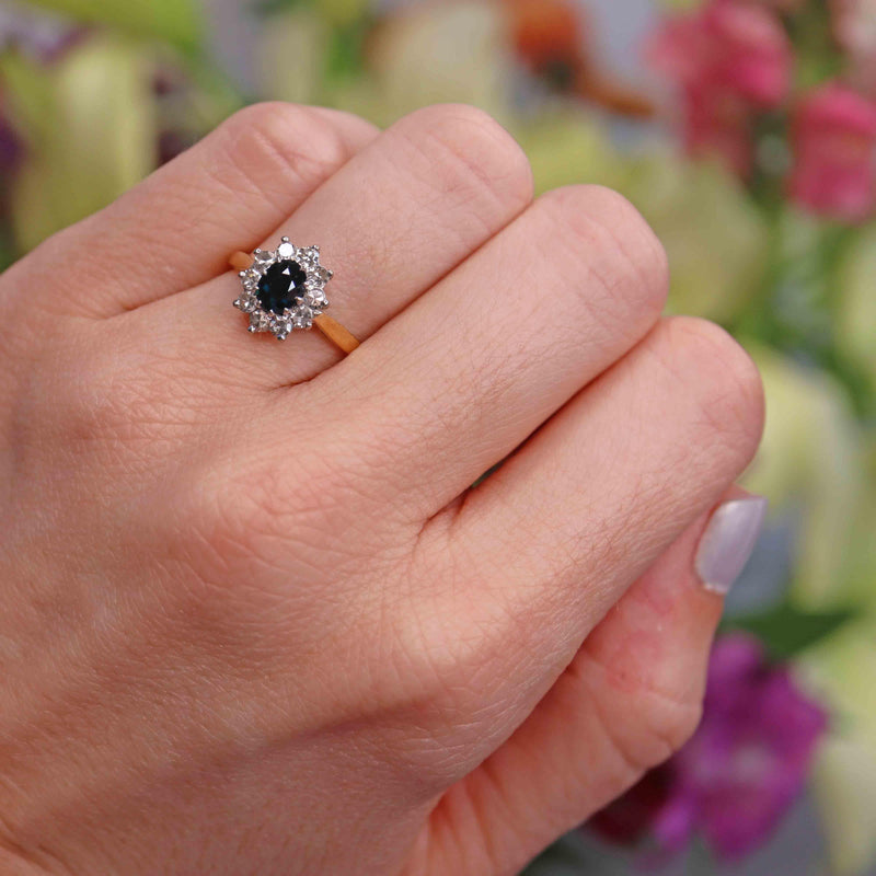 Ellibelle Jewellery Vintage Sapphire & Diamond 18ct Gold Cluster Engagement Ring