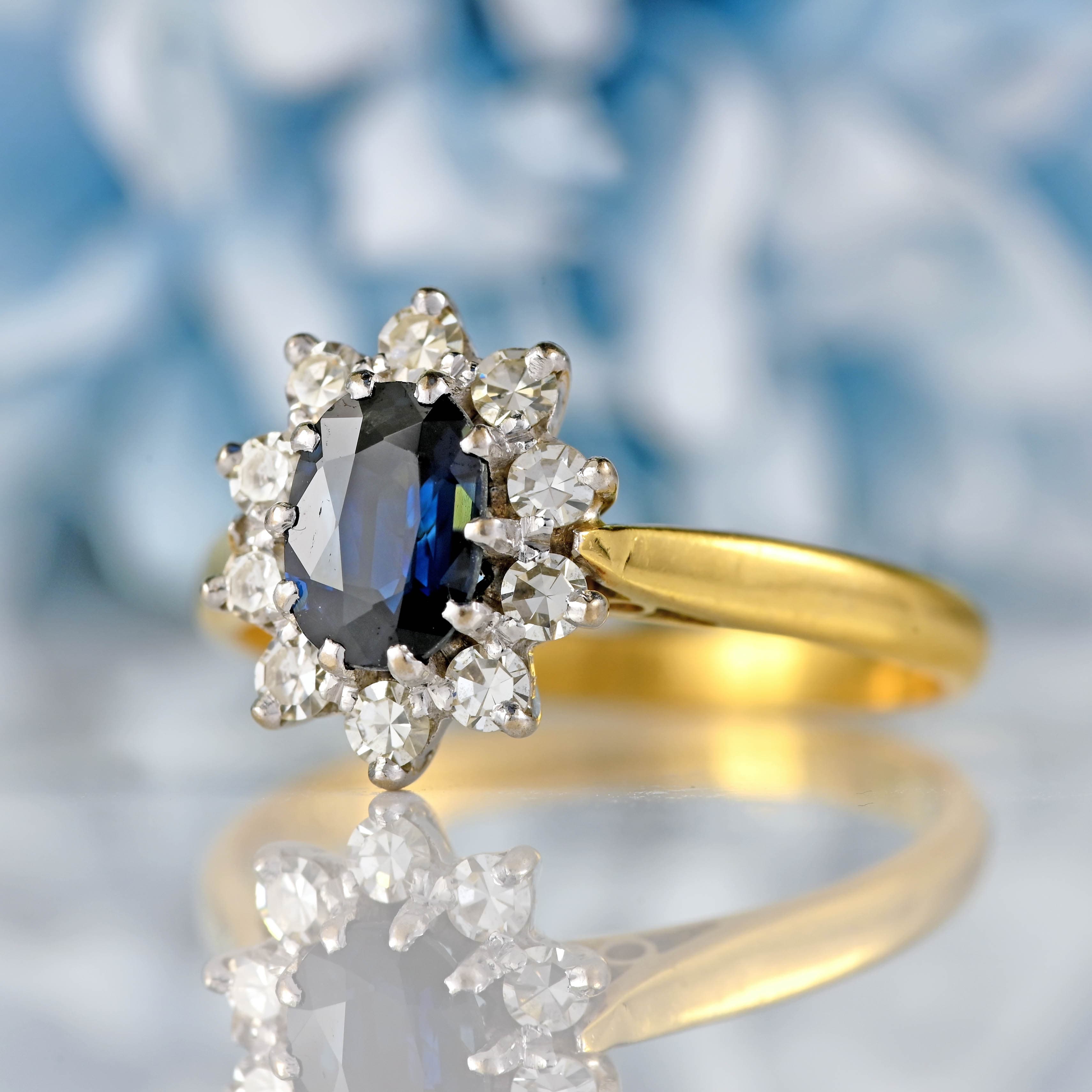 Ellibelle Jewellery Vintage Sapphire & Diamond 18ct Gold Cluster Engagement Ring