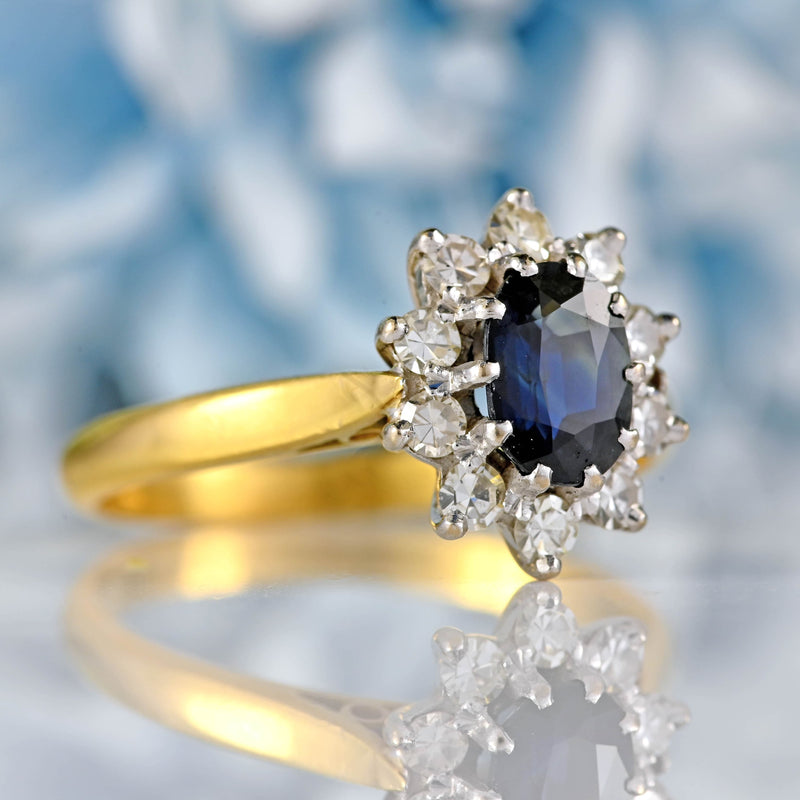 Ellibelle Jewellery Vintage Sapphire & Diamond 18ct Gold Cluster Engagement Ring
