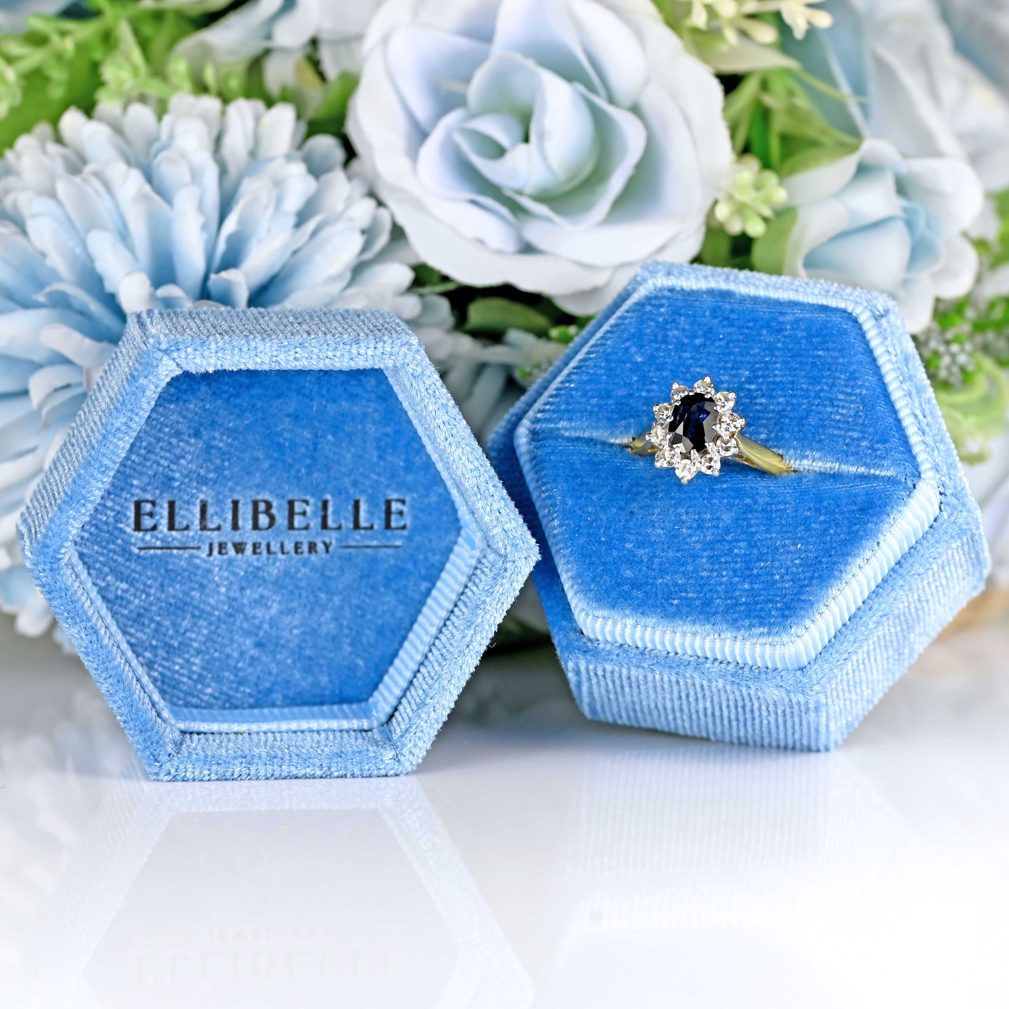 Ellibelle Jewellery Vintage Sapphire & Diamond 18ct Gold Cluster Engagement Ring