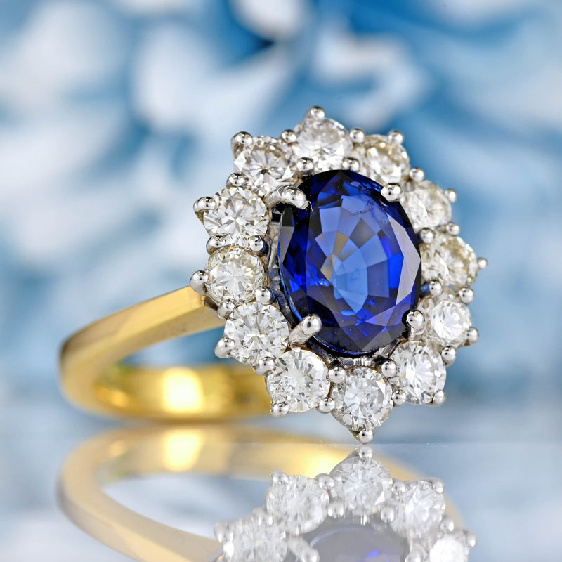 Ellibelle Jewellery Vintage Sapphire & Diamond 18ct Gold Cluster Engagement Ring (2.30cts)