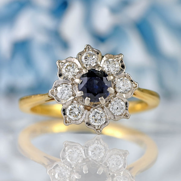 Ellibelle Jewellery Vintage Sapphire & Diamond 18ct Gold Floral Cluster Ring