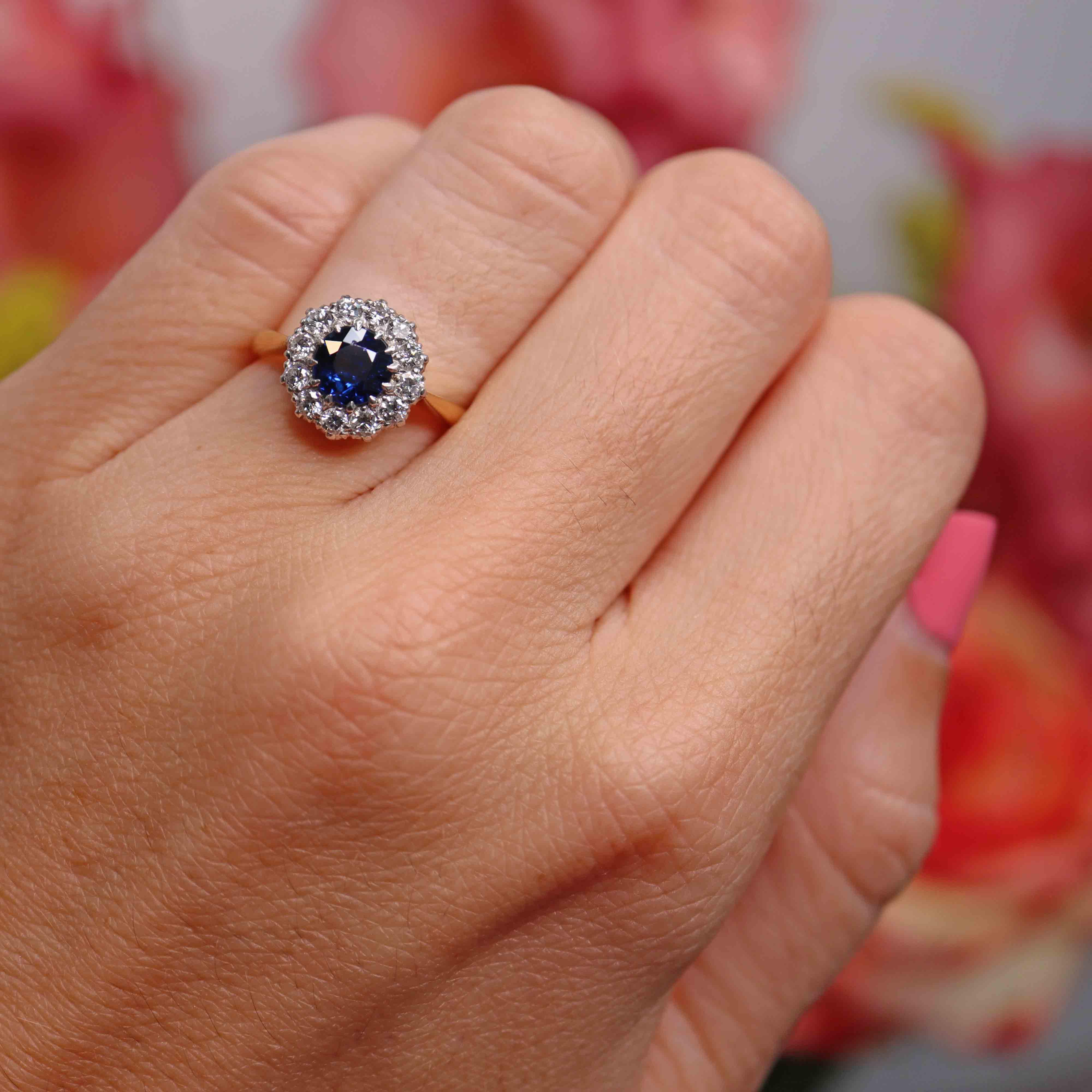 Ellibelle Jewellery Vintage Sapphire & Diamond 18ct Gold Halo Cluster Ring (1.10cts)