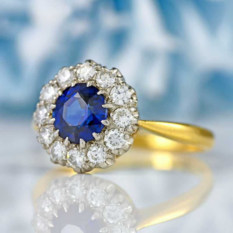Ellibelle Jewellery Vintage Sapphire & Diamond 18ct Gold Halo Cluster Ring (1.10cts)